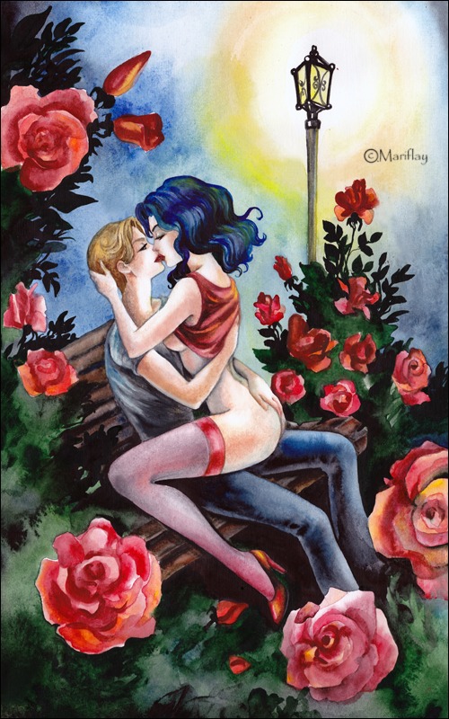 2girls bench bishoujo_senshi_sailor_moon breasts clothing dress female female_only flowers haruka_tenou high_heels kissing mariflay michiru_kaiou multiple_females multiple_girls rose rule34 stockings yuri