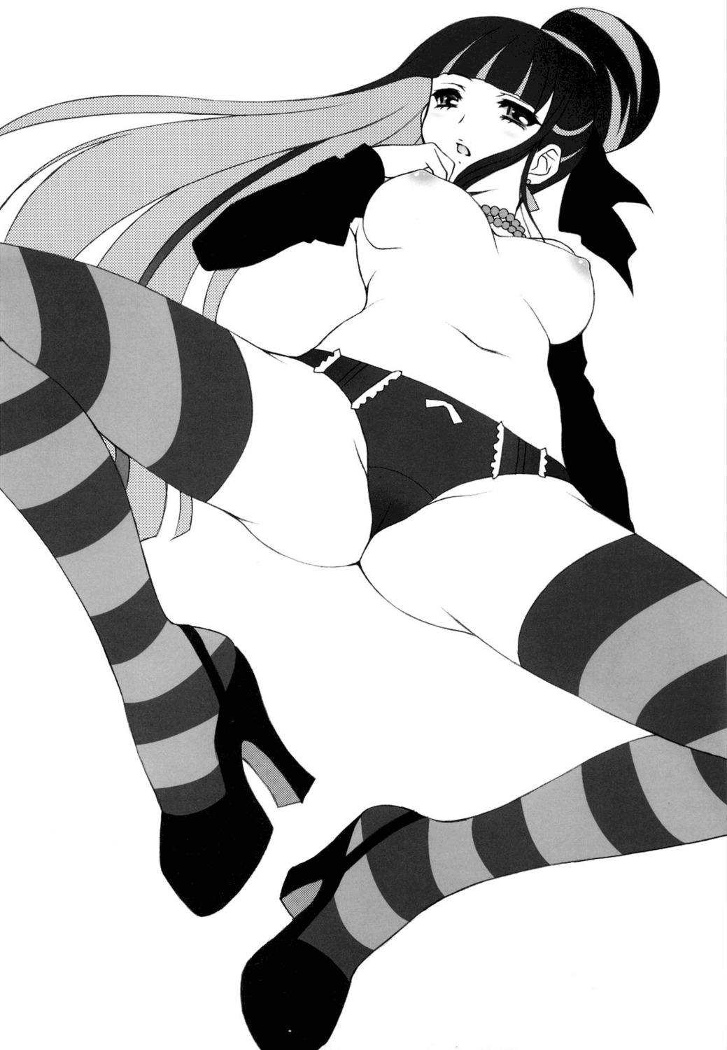 bow_panties breasts detached_sleeves female high_heels highres long_hair monochrome no_bra panties panty_&amp;_stocking_with_garterbelt rule34 shoes stocking_anarchy striped striped_legwear topless underwear