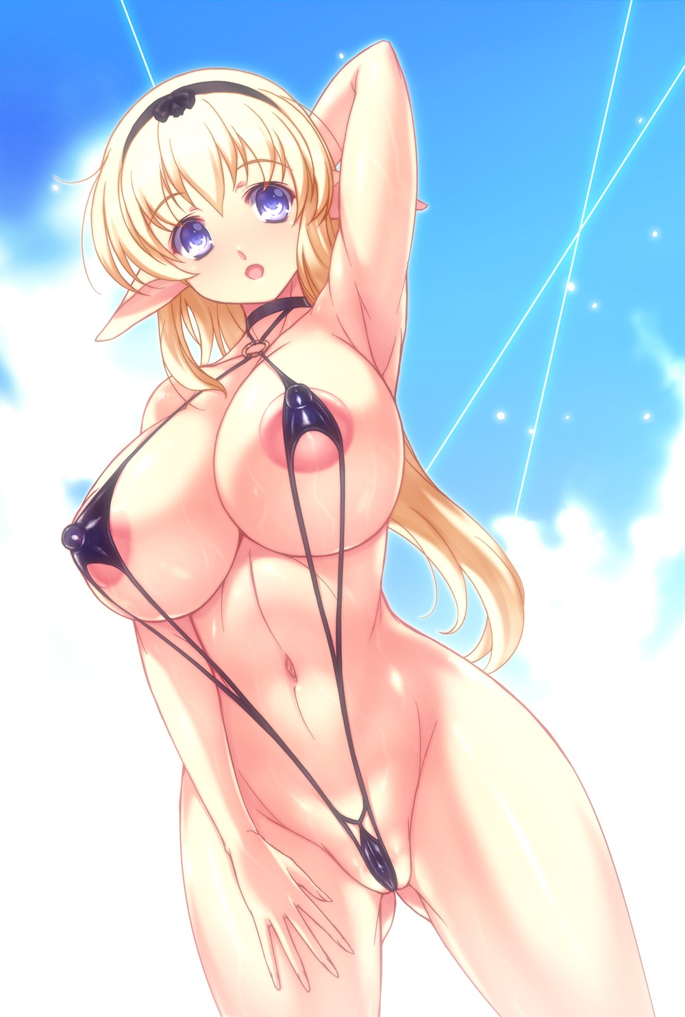 1girls areolae arm_up ass_visible_through_thighs bare_shoulders big_breasts bikini blonde_hair breasts erect_nipples female functionally_nude highres hourglass_figure huge_breasts ishida_hiroyuki large_breasts nipples o-ring_top original pointy_ears pose purple_eyes rule34 see-through sling_bikini sole_female solo solo_female swimsuit wide_hips