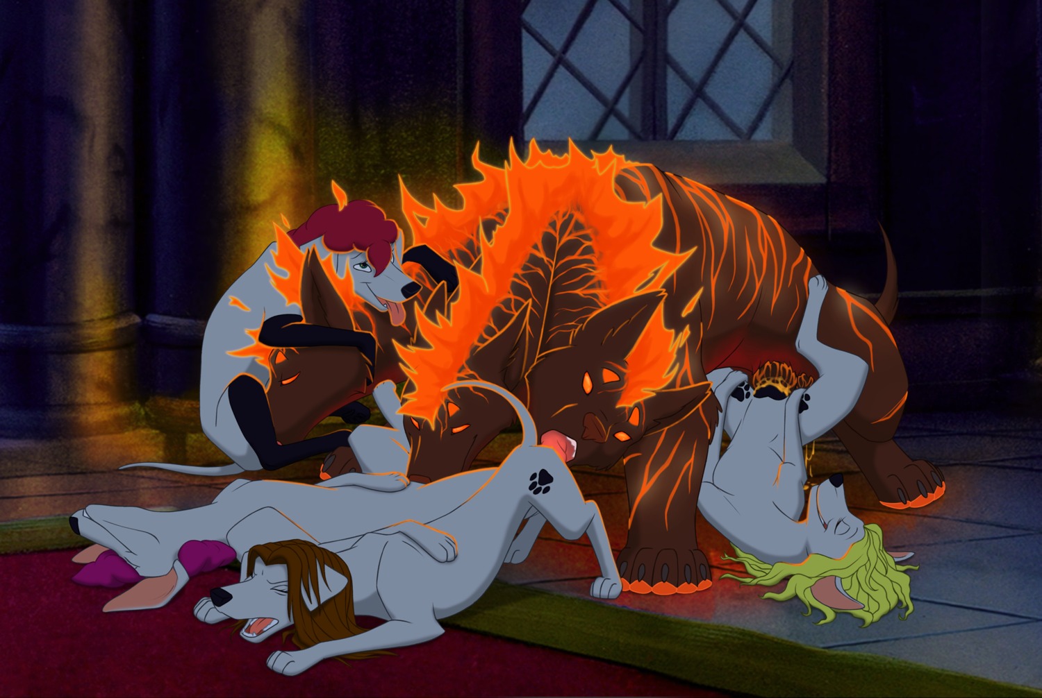 2013 2_penises 3_heads anal ass_up blonde_hair brown_hair canid canid_demon canine canis cerberus cere'qul_(rokoka) cunnilingus dalmatian demon domestic_dog e621 erection european_mythology eyes_closed female feral feral_on_feral fire flaming_hair footprint fur gangbang genitals greek_mythology group group_sex hair hellhound hi_res hip_markings inside leg_markings lolly_(cobaltdawg) lying male male/female mammal markings missy_(cobaltdawg) molly_(cobaltdawg) multi_genitalia multi_head multi_penis mythological_canine mythological_creature mythology nude oddy on_back oral pawprint pawprint_(marking) penetration penis pseudo_hair purple_hair reverse_gangbang sex sissy_(cobaltdawg) sitting spread_legs spreading tail the_giant_hamster thigh_markings vaginal vaginal_penetration white_body white_fur