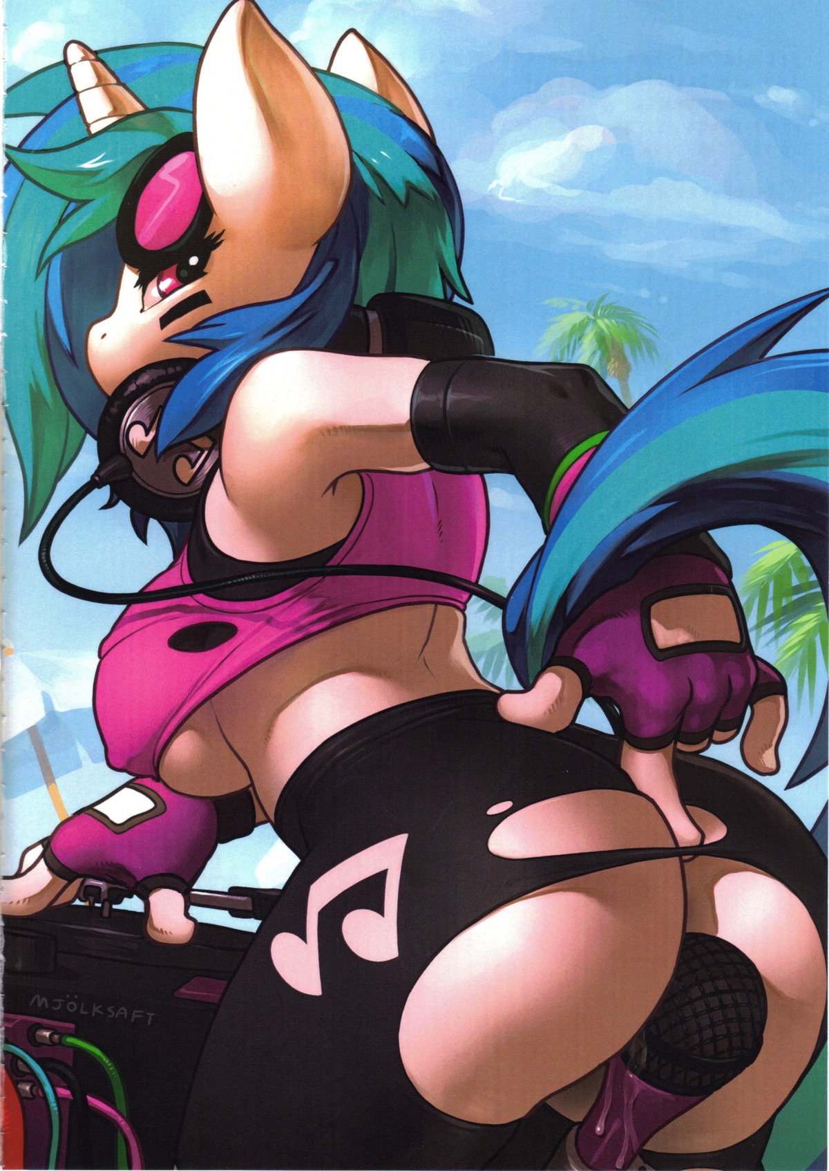 2012 absurd_res anthro anthrofied big_breasts big_butt biped blue_hair blue_sky bodily_fluids breasts butt cable clothing comic crop_top cum disc_jockey e621 electronics equid equine female fingerless_gloves friendship_is_magic funktion genital_fluids gloves hair handwear hasbro headphones hi_res hoof_beat horn leggings legwear looking_at_viewer looking_back mammal microphone mjolksaft multicolored_hair my_little_pony mythological_creature mythological_equine mythology outside pose red_eyes scan shirt sky solo spandex standing summer tail tight_clothing topwear torn_clothing two_tone_hair under_boob unicorn vaginal_fluids vinyl_scratch_(mlp) wardrobe_malfunction wet white_body