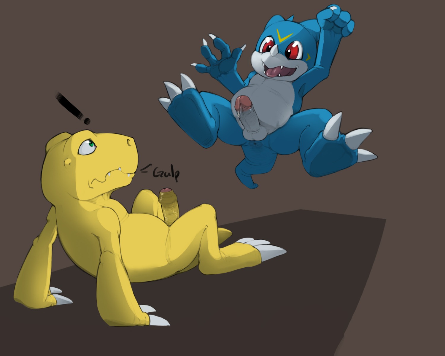 5:4 agumon anus balls bandai_namco blue_body blue_skin bodily_fluids butt cum digimon digimon_(species) duo e621 english_text erection exclamation_point foreskin genital_fluids genitals green_eyes hi_res humanoid_genitalia humanoid_penis male male/male narse nude partially_retracted_foreskin penis red_eyes retracted_foreskin scalie tail text tongue tongue_out veemon yellow_body yellow_skin