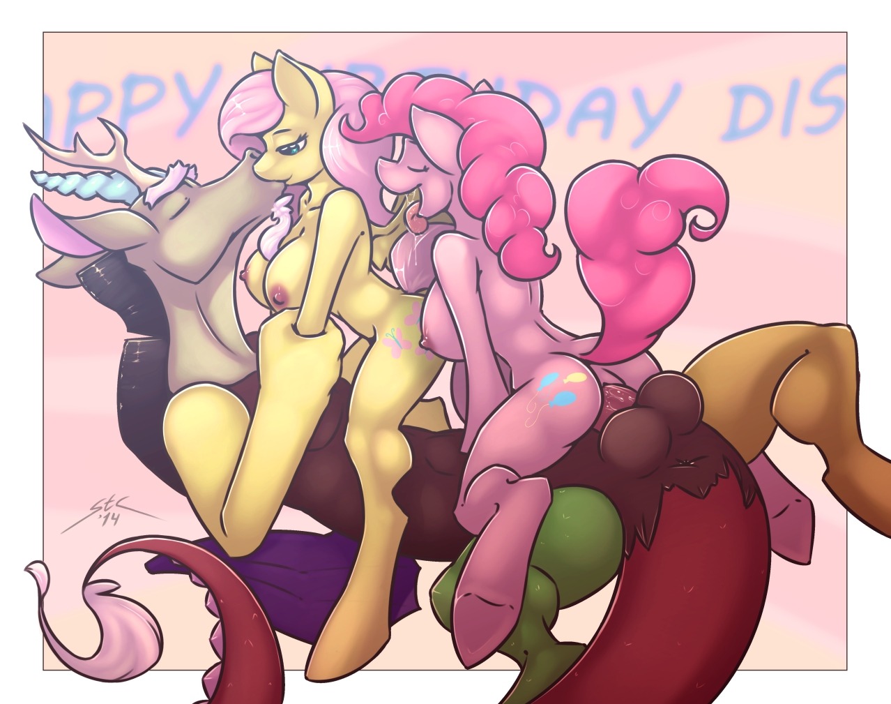 2014 anthro anthrofied antlers anus balls beard big_breasts blue_eyes bodily_fluids breasts chimera cutie_mark discord_(mlp) draconequus e621 earth_pony english_text equid equine erection eyes_closed facial_hair feathered_wings feathers female fluttershy_(mlp) friendship_is_magic fur genitals group hair hasbro heart_symbol horn horse interspecies kissing male male/female mammal membrane_(anatomy) membranous_wings my_little_pony mythological_creature mythological_equine mythology nipples nude pegasus penis pink_body pink_fur pink_hair pinkie_pie_(mlp) pony saliva sex spotty_the_cheetah text tongue tongue_out wings yellow_body yellow_feathers yellow_fur