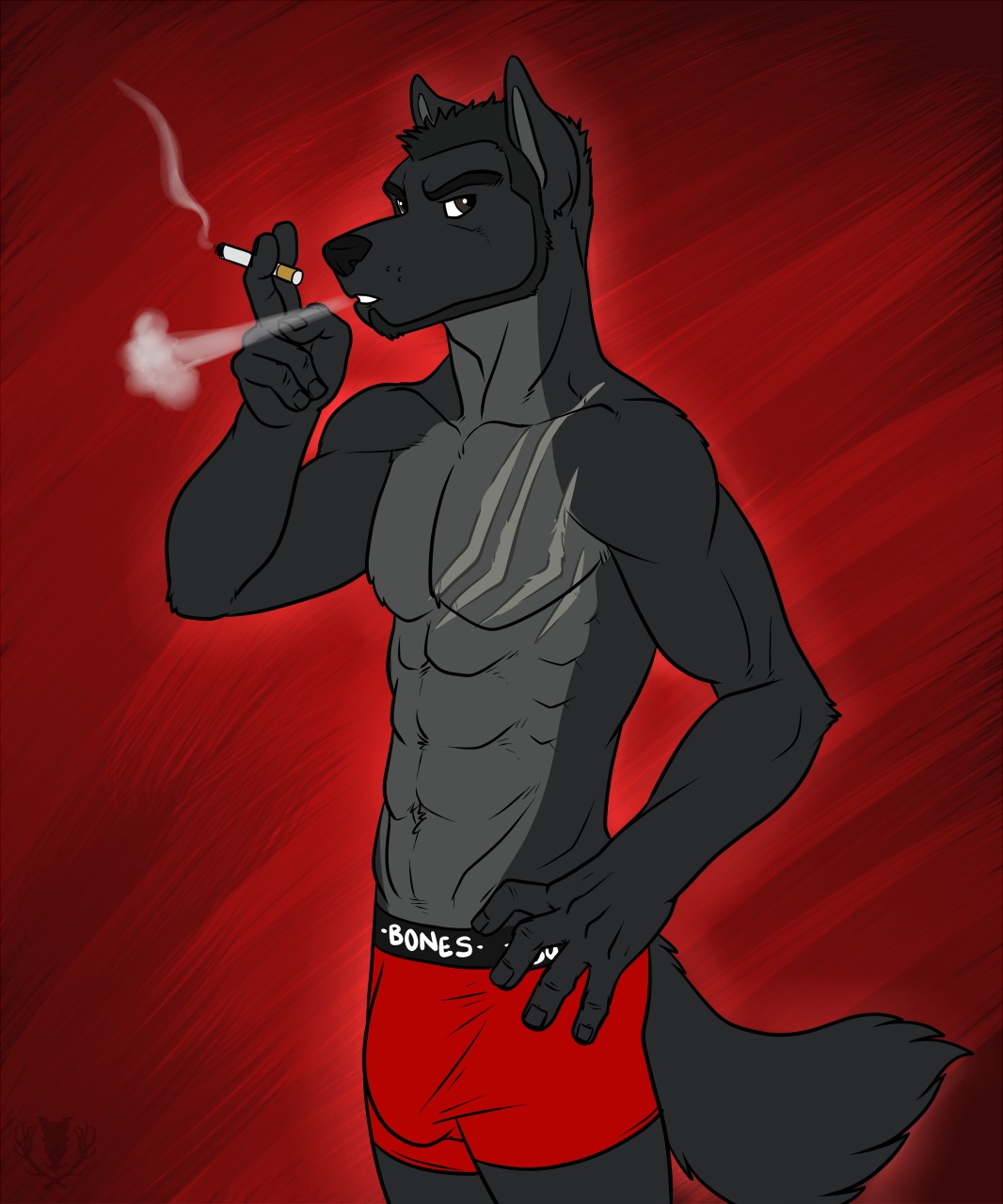 2013 5_fingers abs anthro beard biceps big_muscles biped black_body black_fur black_nose bottomwear boxer_briefs bulge canid canine canis cigarette clothing digital_media_(artwork) e621 facial_hair fenris_williams fingers fur hand_on_hip hi_res looking_at_viewer male mammal markings muscular muscular_anthro muscular_male pecs portrait pose red_background red_clothing red_underwear scar shorts side_view simple_background smoke smoking solo standing tail three-quarter_portrait underwear vallhound watermark wolf