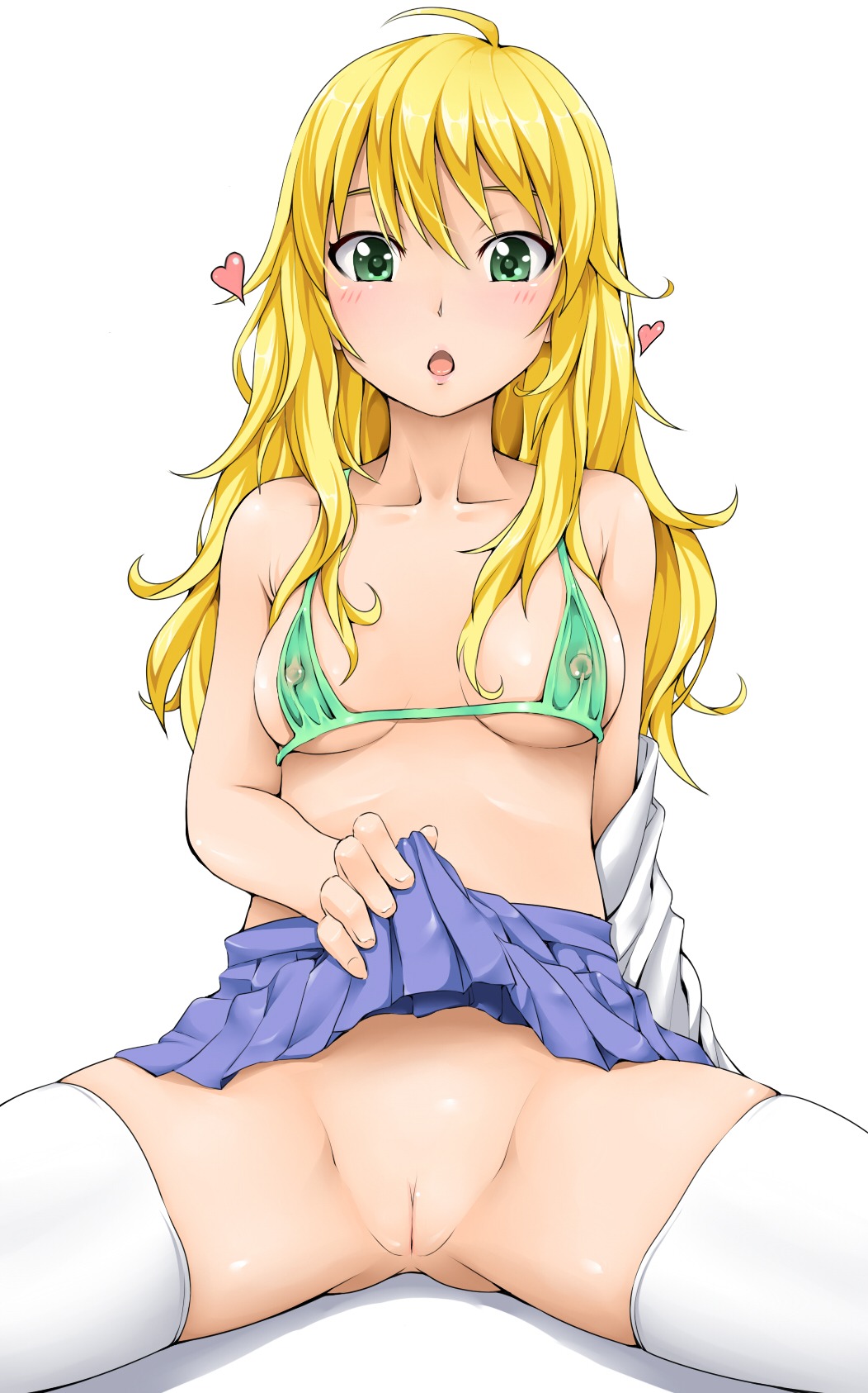 1girls bikini bikini_top blonde_hair blush breasts female green_bikini green_eyes heart highres hoshii_miki idolmaster idolmaster_2 lambda_(kusowarota) long_hair nipples no_panties open_mouth pussy rule34 skirt skirt_lift solo swimsuit thighhighs uncensored white_legwear