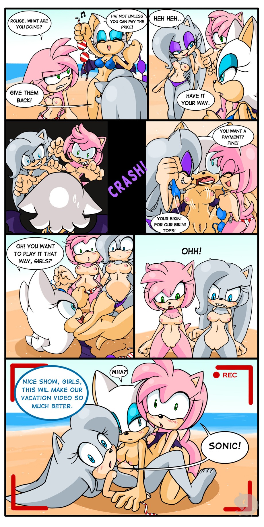 amy_rose angry anthro assisted_exposure back-tie_bikini back-tie_clothing back-tie_swimwear beach bikini bikini_bottom_removed bikini_removed bikini_theft bikini_top_removed blush border breast_squish breasts breasts_frottage camera canon_x_oc clothed clothing clothing_theft comic dialogue e621 english_text eulipotyphlan eyes_closed fan_character female female/female fight fur genitals group group_sex hedgehog hi_res looking_at_viewer lying mammal navel nipples nipples_touching nude on_back open_mouth outside pink_body pink_fur pinned pounce rouge_the_bat scarletopalite seaside sega sex side-tie_clothing side-tie_swimwear skimpy sonic_the_hedgehog sonic_the_hedgehog_(series) squish stealing sudden_nudity swimwear swimwear_removed swimwear_theft text threesome topless trio two-piece_swimsuit venus_the_hedgehog vulva white_border