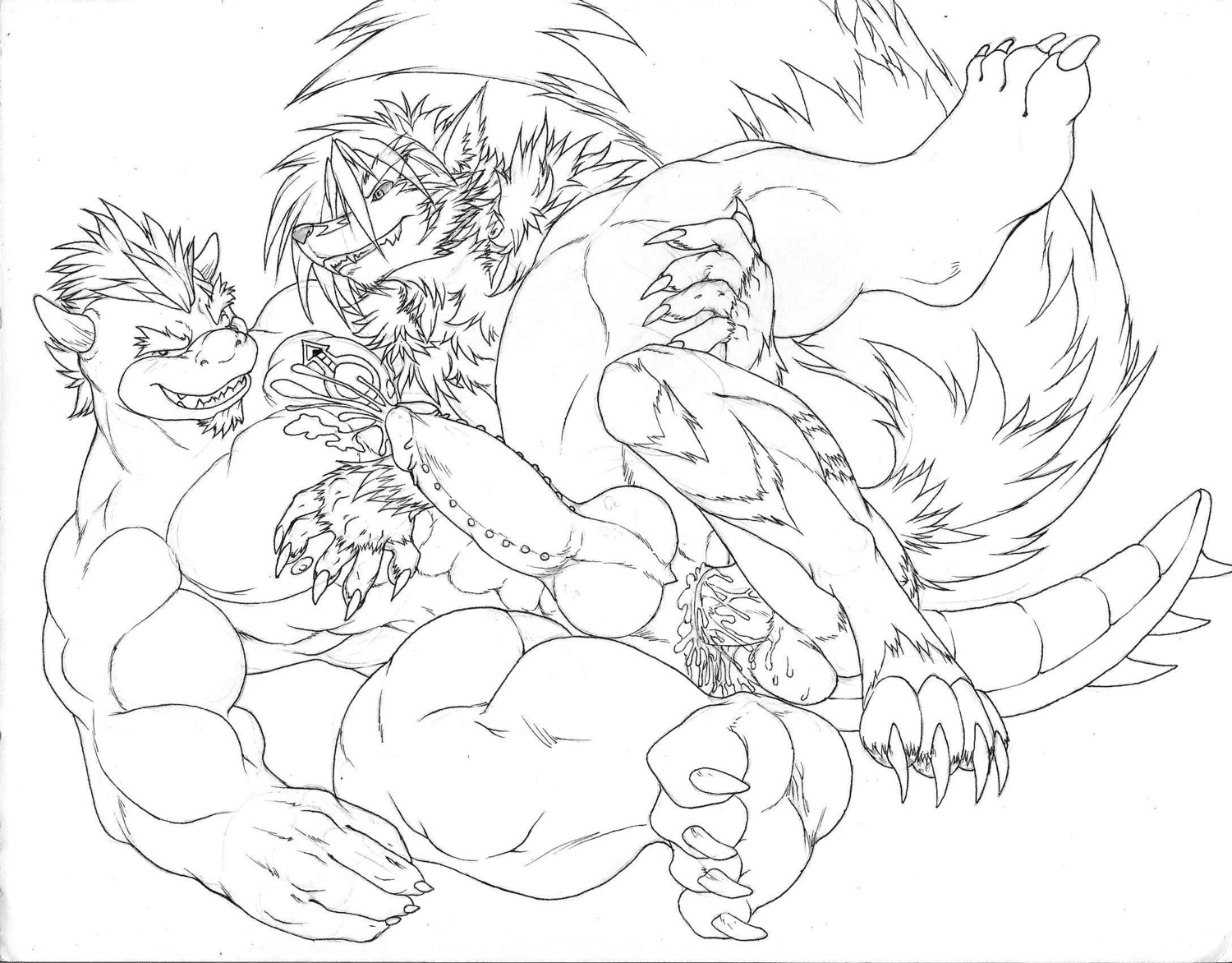anal anal_penetration anthro anthro_on_anthro big_penis bodily_fluids canid canine canis cum cum_while_penetrated darius_koopa_(character) duo e621 ejaculation erection facial_hair fangs from_behind_position genital_fluids genitals goatee hands-free hi_res humanoid_genitalia humanoid_penis knot koopa male male/male male_penetrated male_penetrating male_penetrating_male mammal mario_bros monochrome muscular nintendo nude orgasm penetration penis piercing scalie sex simple_background tail teeth utx utx-shapeshifter white_background wolf