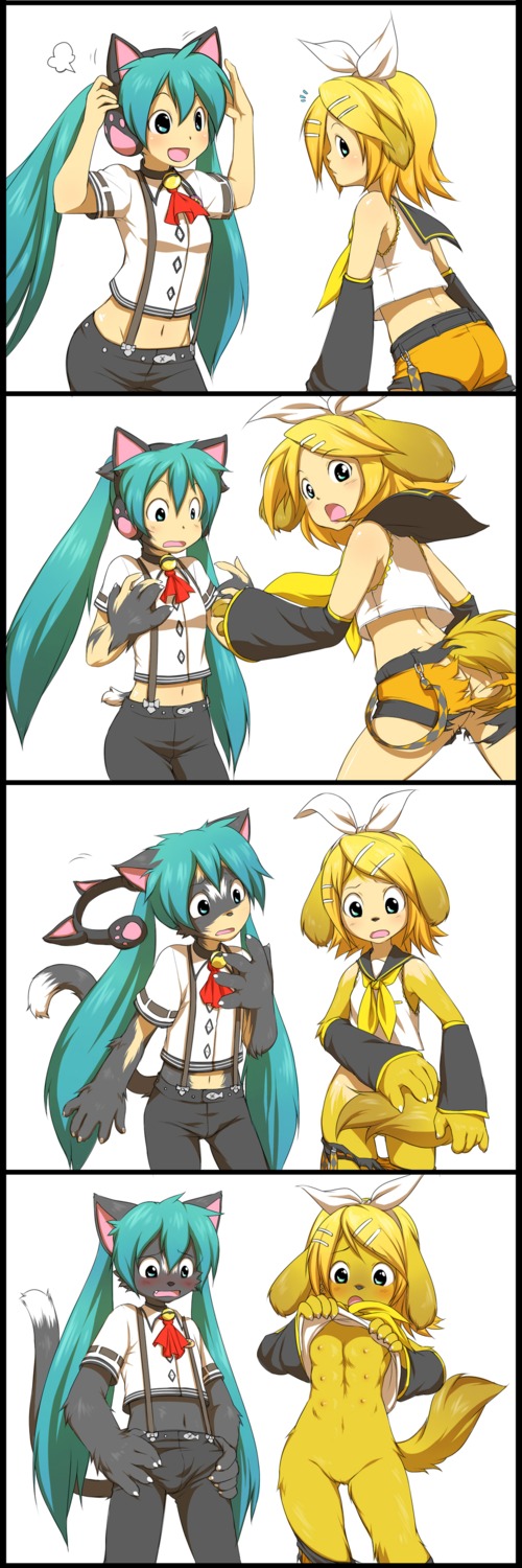1boy 2girls 4koma animal_ears anthro aqua_hair ass blonde_hair blue_eyes blush bottomless breasts canine cat_ears cat_tail comic detached_sleeves dog_ears dog_tail feline female flat_chest furrification furry furry_female hair_ornament hair_ribbon hairclip headphones headset high_resolution interspecies kagamine_rin kemono long_hair midriff multiple_girls navel nipples open_mouth pants pussy ribbon rule34 shirt_lift short_hair shorts silent_comic small_breasts smile suspenders tail transformation twintails very_long_hair vocaloid white_background