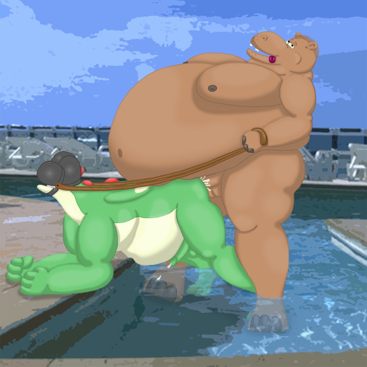 buggery color hippotaur interspecies male male_only mario_(series) multiple_males nintendo rule34 side_view straight_hair yaoi yoshi