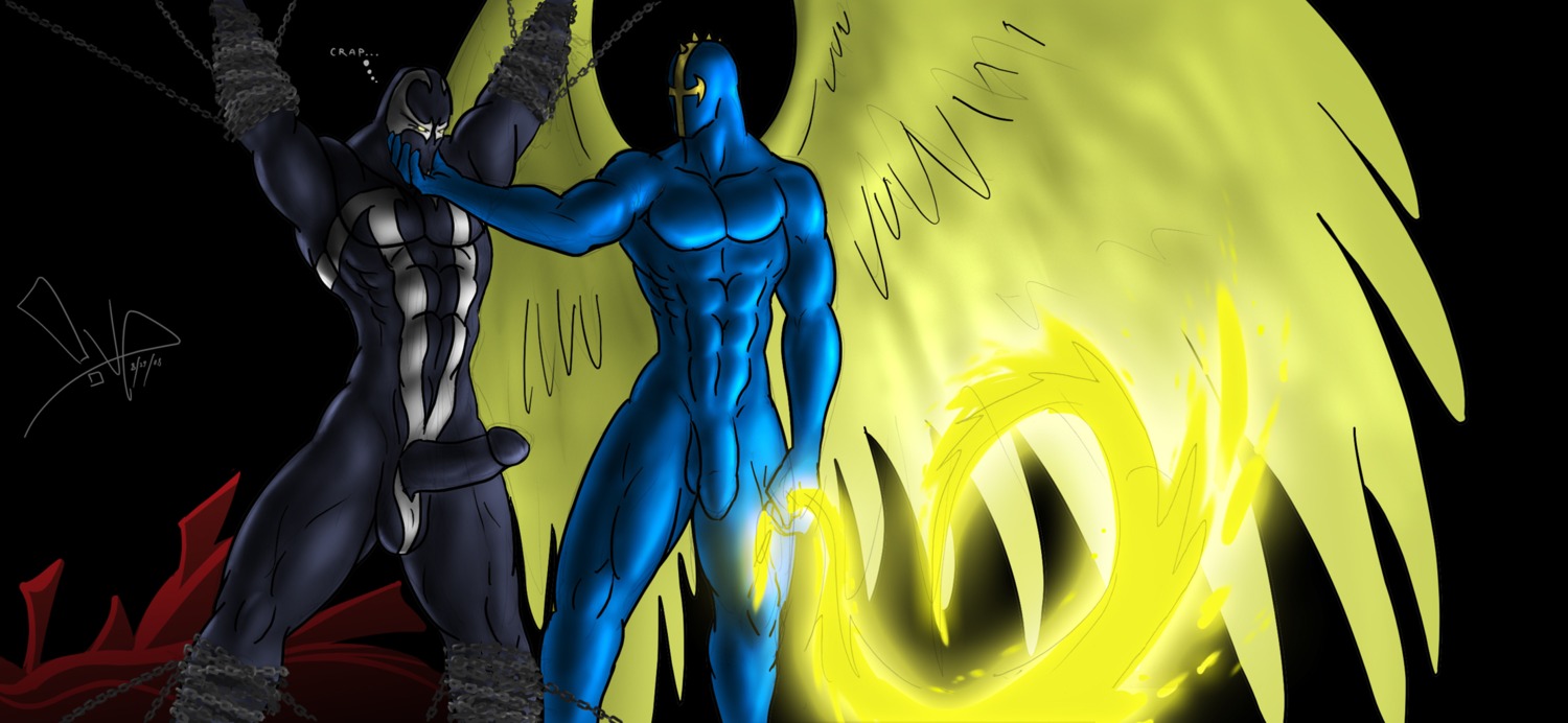 angel balls bdsm bgn big_balls bondage bound chain demon demon_humanoid digital_media_(artwork) duo e621 erection facial_markings feathered_wings feathers genitals head_markings hi_res humanoid humanoid_genitalia humanoid_penis male male/male markings muscular muscular_male nude penis redeemer spawn spawn_(series) spikes spread_legs spreading standing whip wings