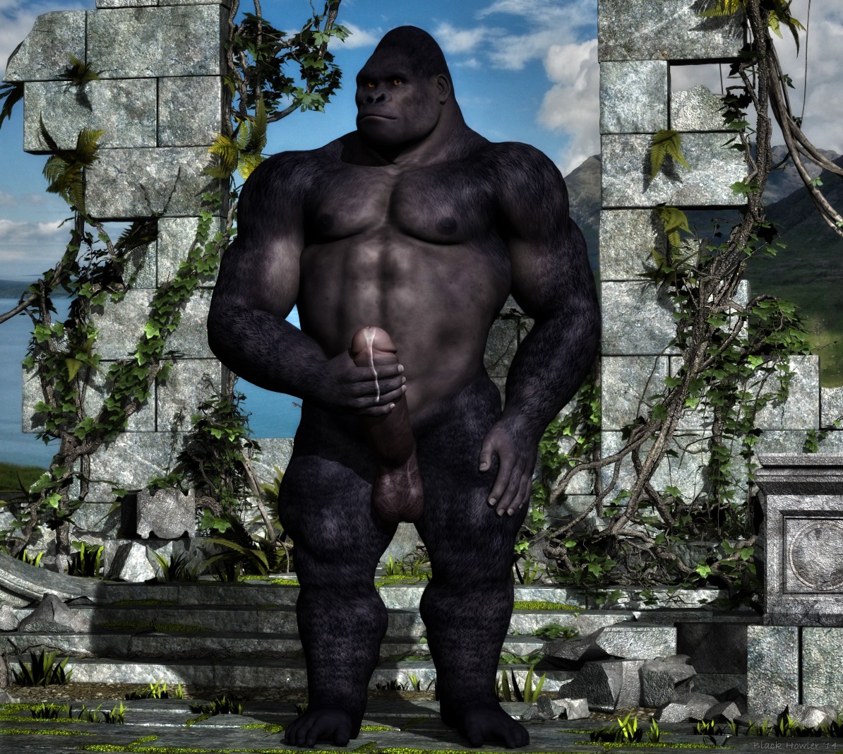 2014 3d_(artwork) abs amber_eyes anthro ape balls biceps big_muscles big_penis biped black_howler bodily_fluids digital_media_(artwork) e621 erection feet genital_fluids genitals gorilla haplorhine humanoid_genitalia humanoid_penis male mammal masturbation muscular muscular_anthro muscular_male nude outside pecs penile penile_masturbation penis precum prehensile_feet primate ruins sky solo standing toes