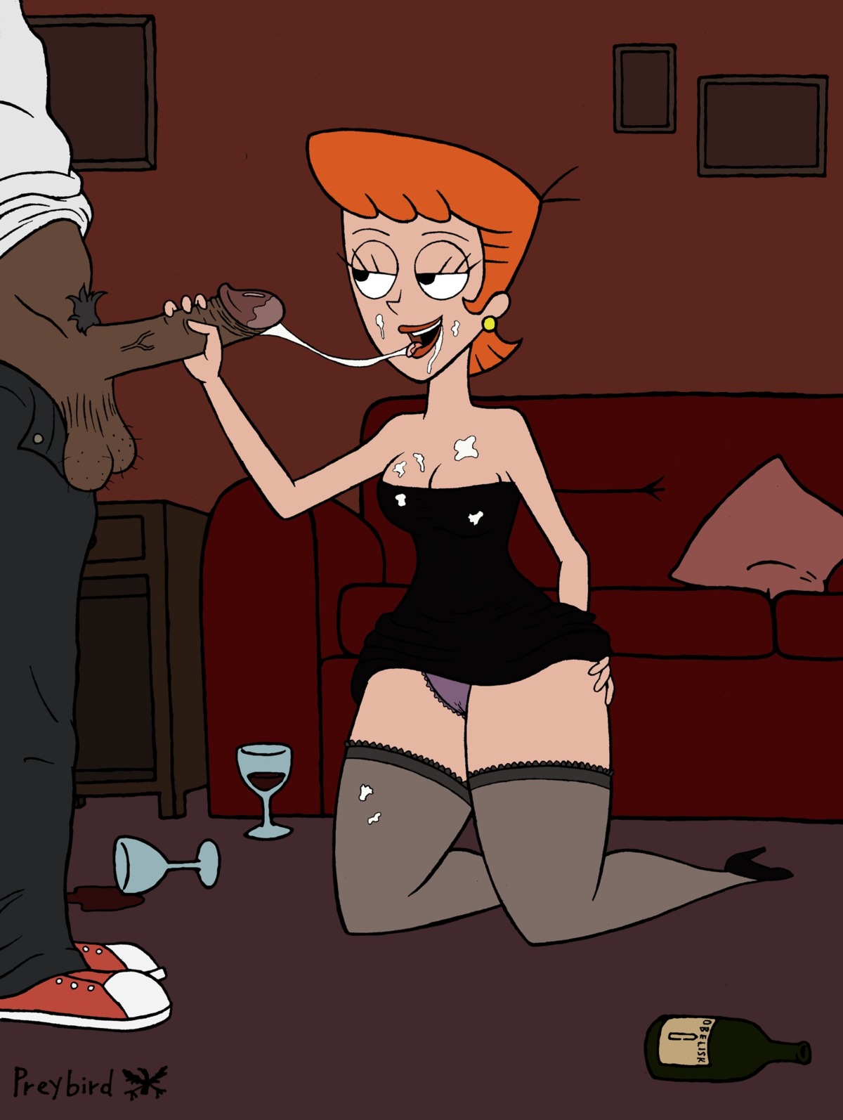1boy 1girls black_eyes bottle breasts cleavage clothed_female clothed_sex couch cum cum_in_mouth cum_on_breasts cum_on_clothes cum_on_face cum_string dark-skinned_male dark_skin dexter's_laboratory dexter's_mom dress dress_lift earrings fellatio female hair high_heels human humanoid interracial kneeling legwear male milf oral oral_sex panties partial_male preybird red_hair rule34 short_hair smiling sneakers straight thighhighs tongue tongue_out uncensored wine