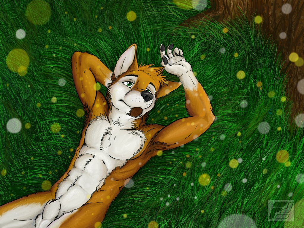 4:3 animal_genitalia anthro armpit_hair biped bird's-eye_view body_hair canid canine canis domestic_dog e621 fluke fully_sheathed genitals green_eyes high-angle_view lying male mammal muscular muscular_anthro muscular_male nude on_back sheath solo wallpaper