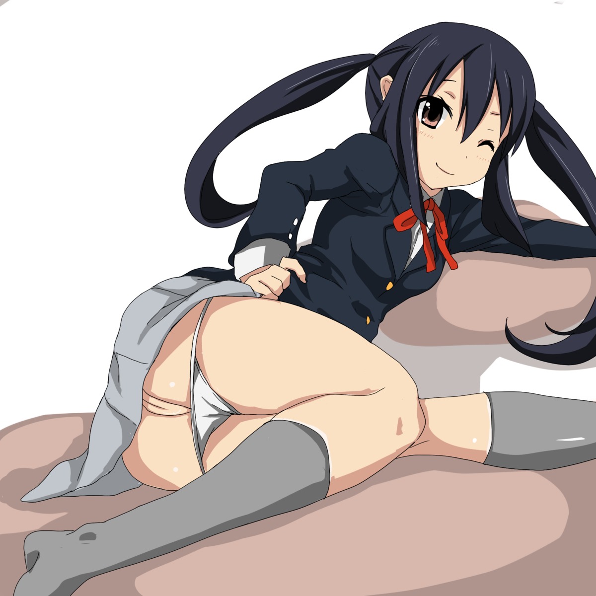 azusa_nakano_(k-on!) black_hair brown_eyes female female_only human human_only k-on! kneehighs kneesocks legwear long_hair rule34 school_uniform smile solo tagme wink