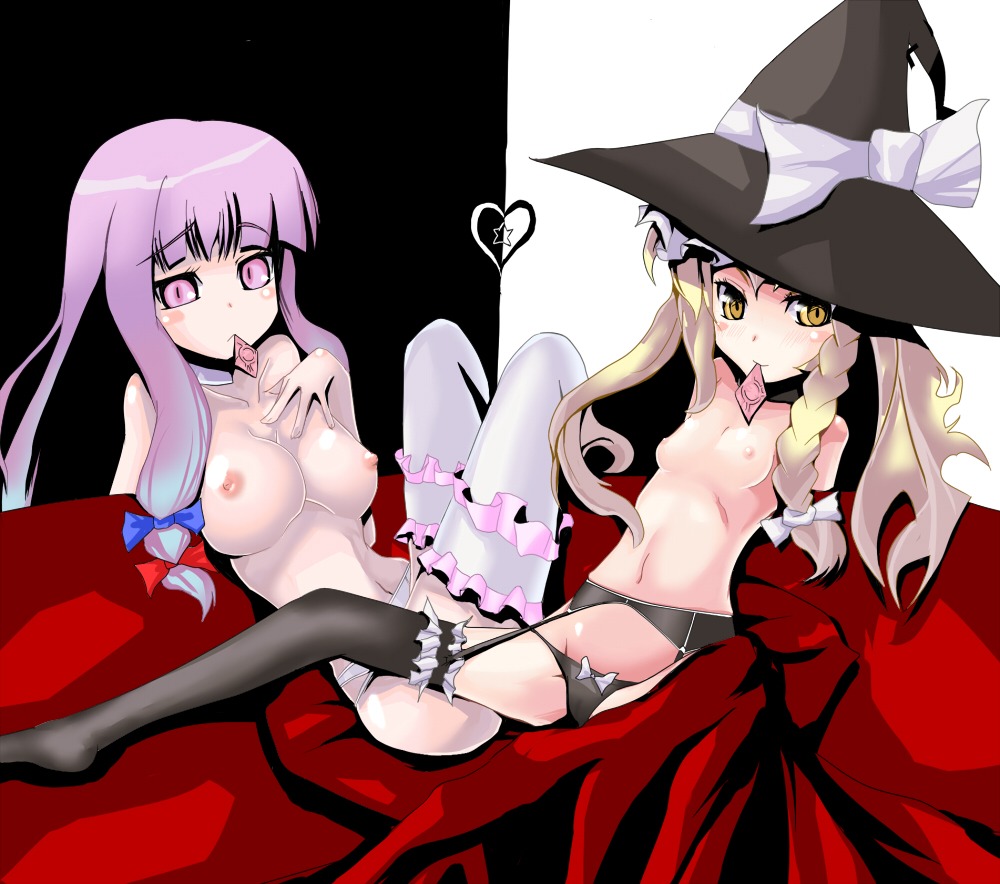 breasts condom condom_in_mouth female garter_belt hat human lingerie lowleg lowleg_panties marisa_kirisame mokujinn mouth_hold multiple_females multiple_girls panties patchouli_knowledge rule34 thighhighs topless touhou underwear witch_hat