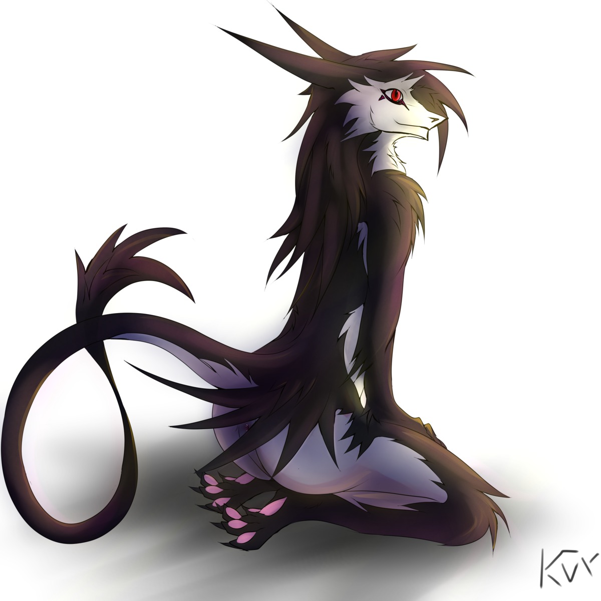 1:1 anthro anus butt claws e621 female fur genitals hi_res kanevex kneeling mammal multicolored_body multicolored_fur red_eyes sergal simple_background sitshl sitting smile solo tail toe_claws two_tone_body two_tone_fur vulva white_background