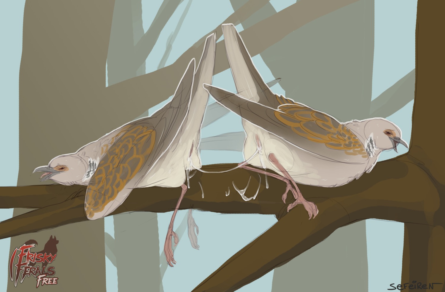 2013 after_sex animal_genitalia avian avian_butt avian_feet beak bird bodily_fluids branch cere_(anatomy) cloaca cloacal cloacal_kiss columbid conditional_dnp detailed_background dove duo e621 feathered_wings feathers female female/female feral feral_on_feral forest frisky_ferals genital_fluids genitals half-closed_eyes hi_res in_tree narrowed_eyes nude on_branch open_mouth outside pink_eyes plant raised_tail realistic_feral sefeiren sex simple_background tail the_twelve_days_of_christmas_(song) tongue tree turtle_dove vaginal_fluid_string vaginal_fluids vertical_cloaca wings