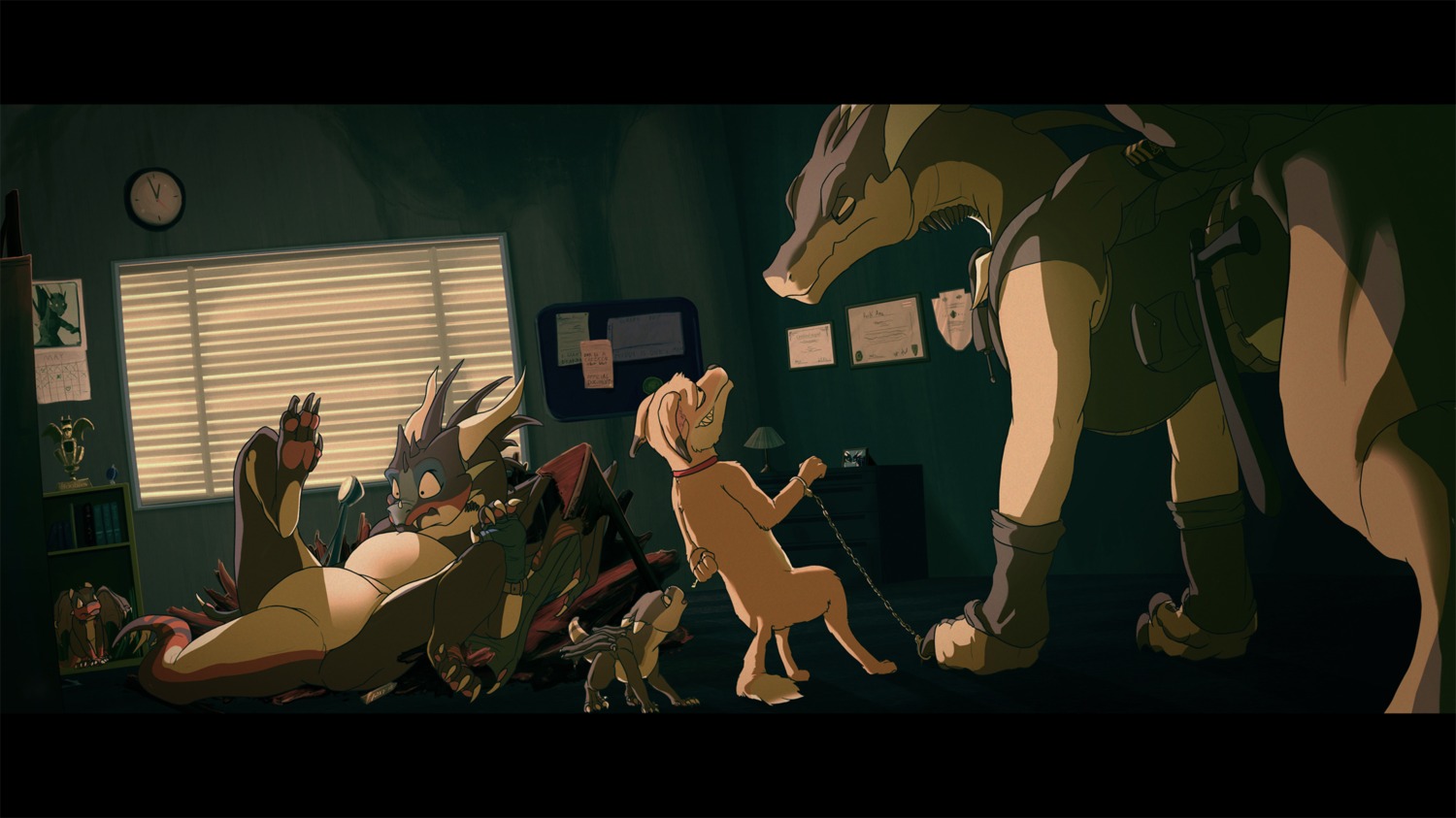 ambiguous_gender book calendar chain club_(weapon) cuff_(restraint) desk dinkysaurus dnk drakhalin e621 feral furniture group guilty handcuffs hi_res key kojo lexa male melee_weapon metal_cuffs muddy_the_fox nightstick office police restraints scalie sgt_axel shackles size_difference sneaky table tail weapon