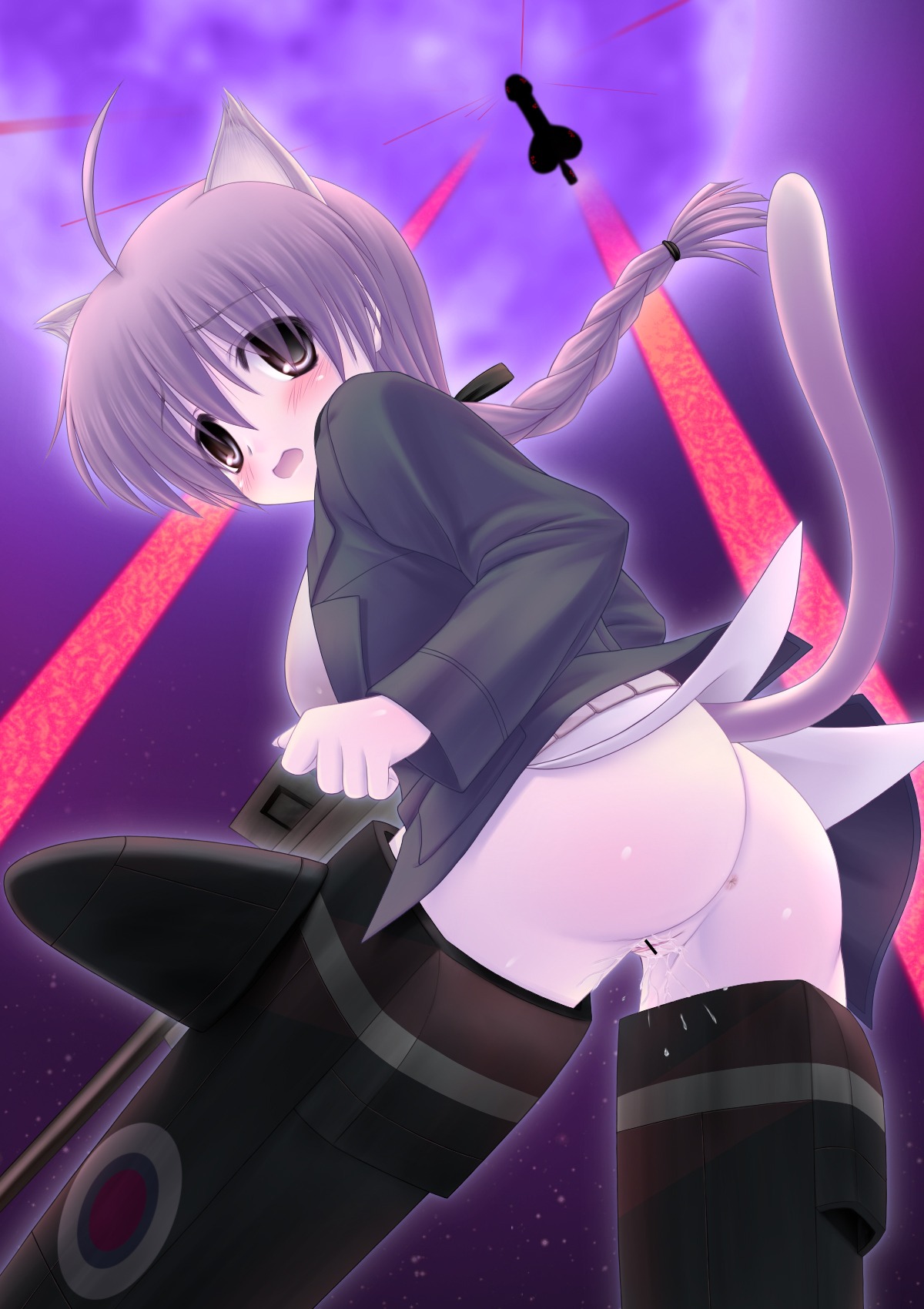 1girls animal_ears anus ass blush bottomless braid breasts brown_hair cat_ears censored clothing female highres large_breasts lynette_bishop murasaki_ookami no_panties pussy pussy_juice rule34 strike_witches tail world_witches_series