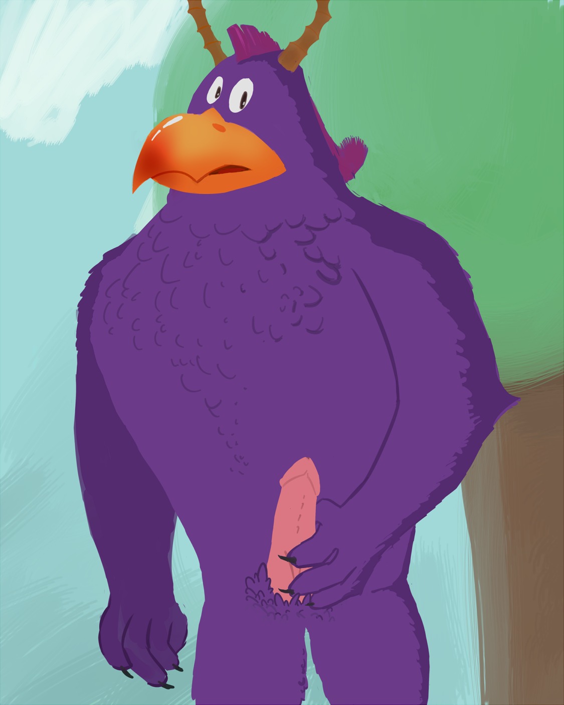 anthro avian beak bird brock_pearson cbrye disney e621 erection feathers genitals hair hi_res horn male masturbation monster monsters_inc monsters_university nude penile penile_masturbation penis pixar purple_hair solo