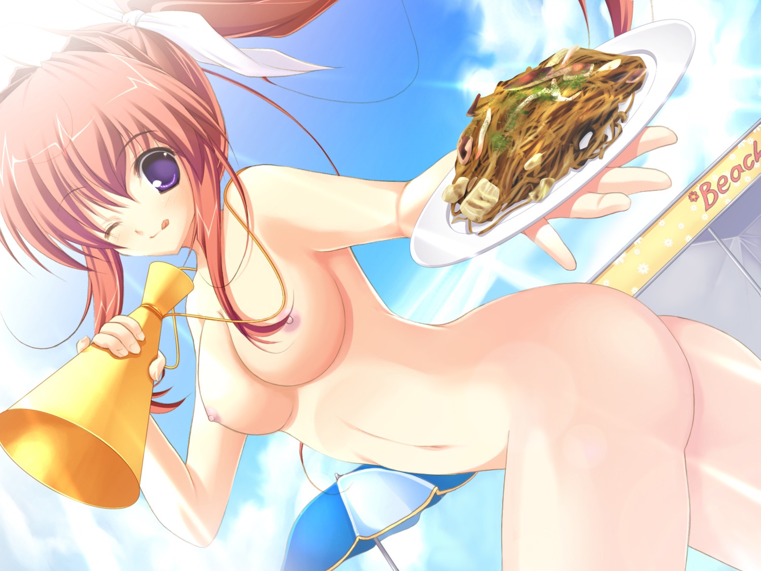 1girls :q ;q ass beach_umbrella blush breasts cloud exhibitionism female female_focus food hair_ribbon highres holding_plate long_hair meat megaphone mikeou navel nipples nude outstretched_hand pasta pink_chuchu plate ponytail purple_eyes red_hair ribbon rule34 sky smile smile_summer_again solo spaghetti tongue tongue_out umbrella wink yakisoba