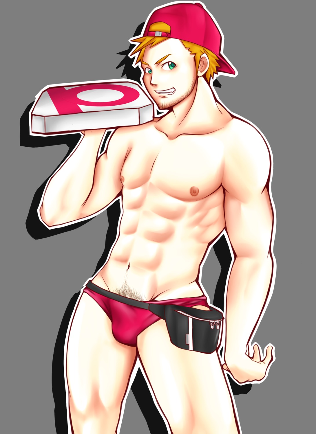1boy abs backwards_cap bag bara baseball_cap beige_skin belt bulge clothes color facial_hair fanny_pack front_view ginger ginger_hair green_eyes hair hat highres holding human human_only light-skinned_male light_skin looking_at_viewer male male_only muscles muscular muscular_male navel nipples open_eyes orange_hair pizza pizza_guy pubic_hair red_underwear round_ears rule34 six_pack smile solo standing topless uncensored underwear underwear_only yaoi