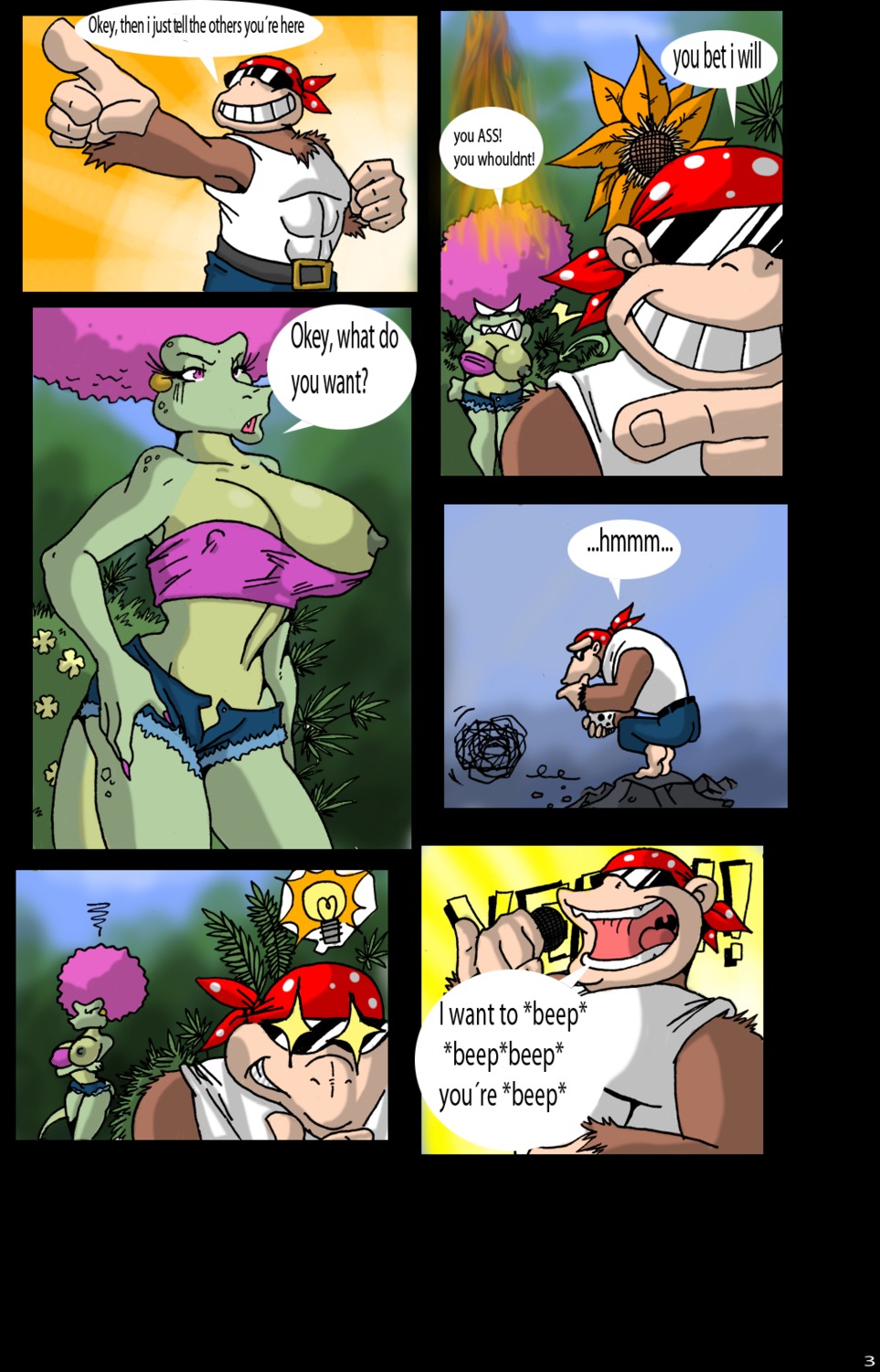 1boy 1girls anthro breasts cleavage clothing comic day donkey_kong_(series) english_text female funky_kong funny fur gesture interspecies kalypso kong kremling lordstevie male nintendo nipple_bulge nipples one_breast_out outdoors pointing rule34 smile standing sunglasses text