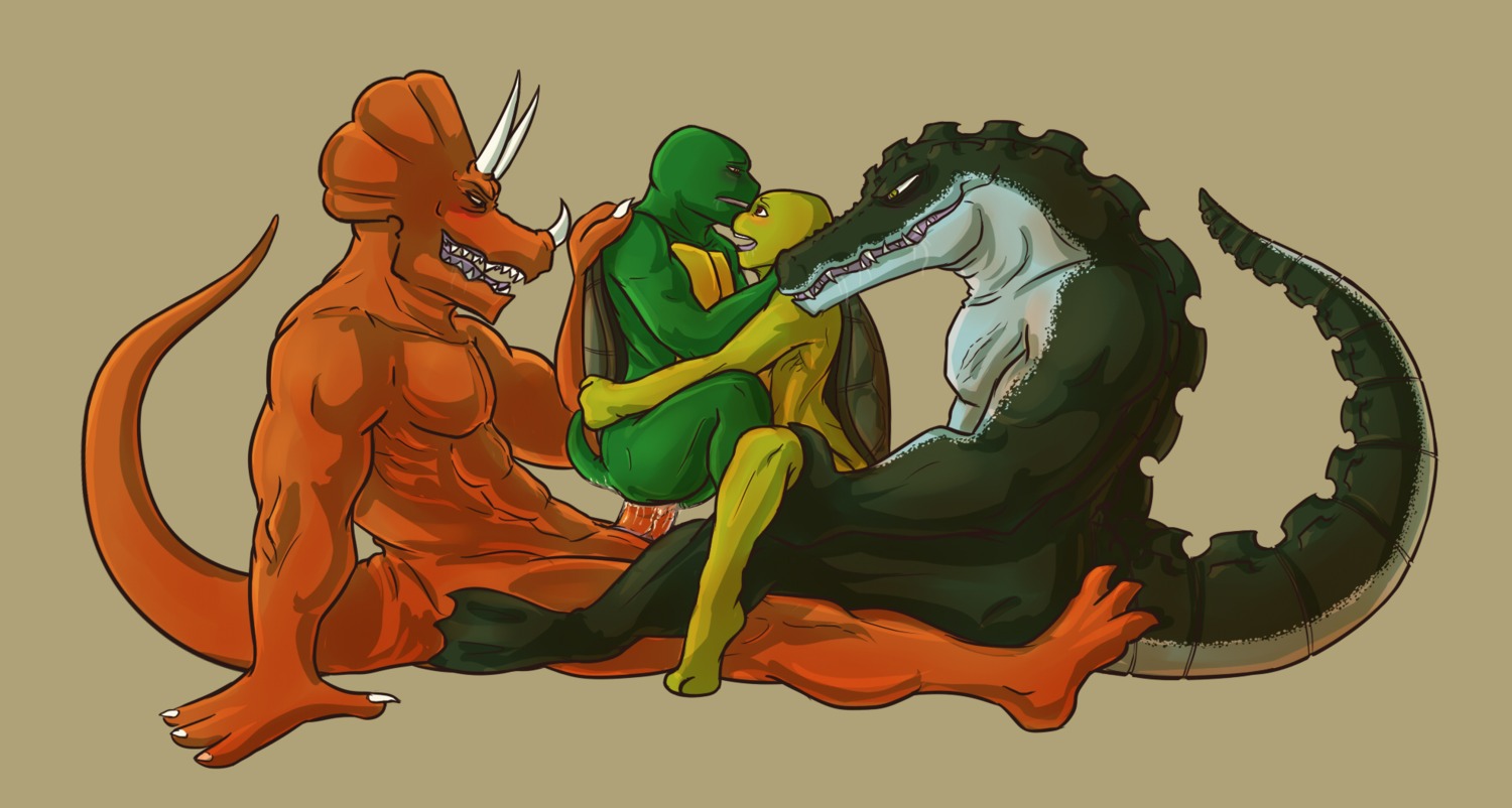 2013 abs alligator alligatorid anal anal_penetration animal_genitalia anthro athletic bald biceps big_muscles blush bodily_fluids bone_frill brown_body brown_skin ceratopsian chair_position claws cowgirl_position crocodilian cum cum_in_ass cum_inside cum_on_penis digitigrade dinosaur donatello_(tmnt) e621 erection fangs foursome frill_(anatomy) from_behind_position from_front_position genital_fluids genital_slit genitals green_body green_eyes green_skin grin group group_sex hi_res horn leaking leatherhead male male/male male_on_bottom male_on_top male_penetrated male_penetrating male_penetrating_male marginocephalian muscular muscular_male nude on_bottom on_top open_mouth orange_body orange_skin orgasm ornithischian pecs penetration penis prehistoric_species raphael_(tmnt) reptile reverse_cowgirl_position scalie scar sex shusuika simple_background sitting smile spread_legs spreading straddling tail teenage_mutant_ninja_turtles teeth toe_claws tongue traximus triceraton turtle