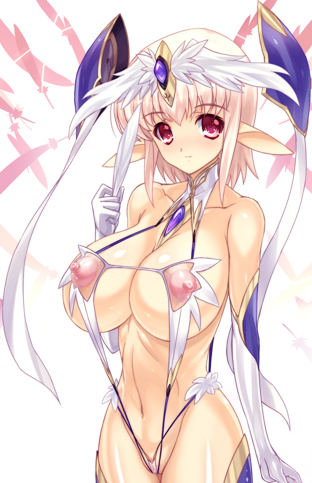 1girls angel_wings bare_shoulders bikini blush breasts destiny_(ishida) elf feathers female gloves hair_ornament highres huge_breasts ishida_hiroyuki jewelry looking_at_viewer navel nippleless_clothes nipples original pink_hair pointy_ears puffy_nipples red_eyes rule34 see-through short_hair sling_bikini smile solo string_bikini swimsuit