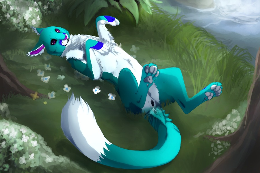 anatomically_correct color day feline female feral fur hindpaw iluq on_back outdoors paws pussy rule34 solo spreading