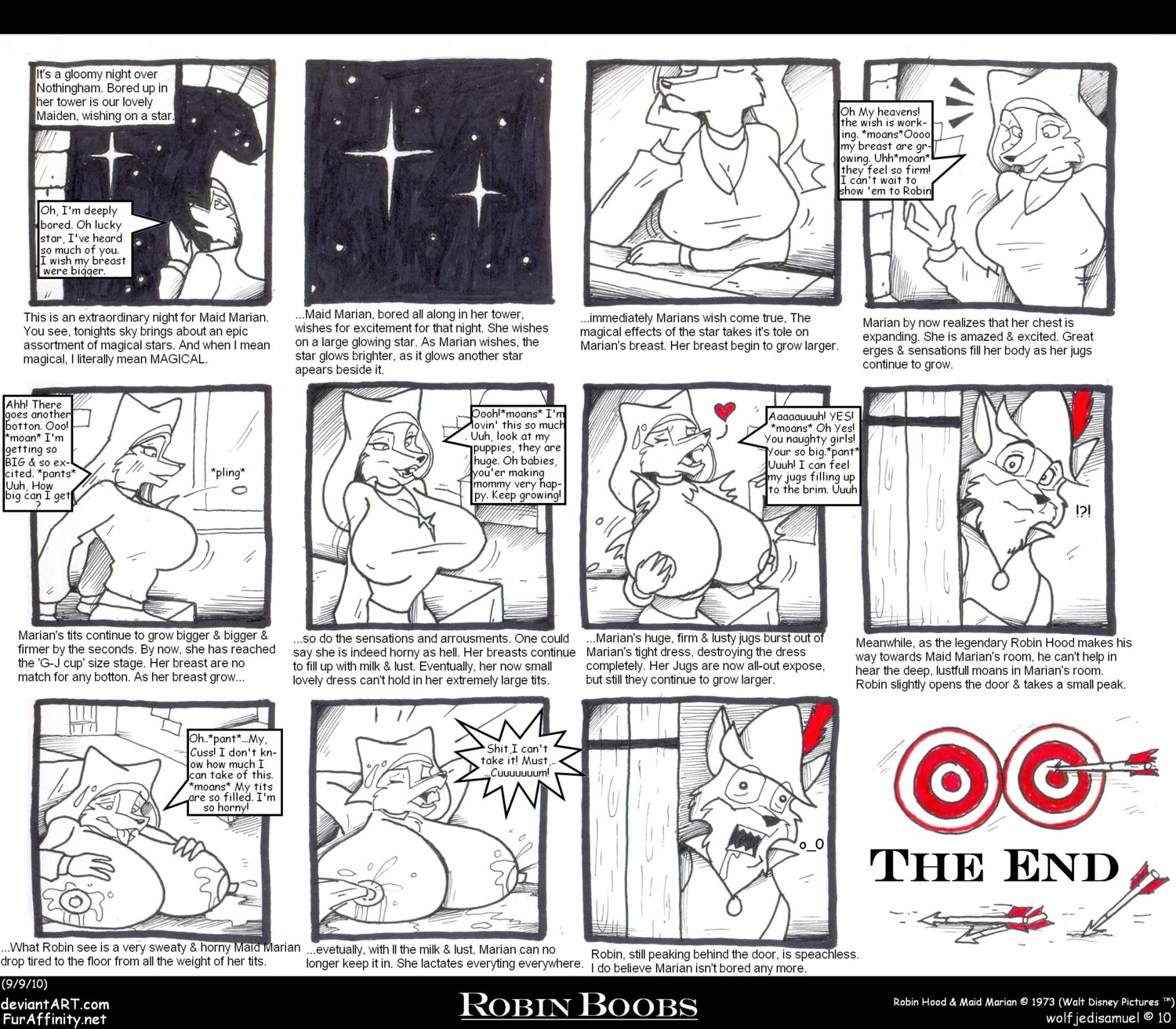 anthro arrow_(weapon) arrowed bed big_breasts bodily_fluids breast_expansion breasts button_(fastener) canid canine clothed clothing comic disney drooling duo e621 english_text expansion female fox furniture hat headgear headwear heart_symbol hi_res huge_breasts lactating letterbox loose_feather maid_marian male mammal monochrome night nipples profanity ranged_weapon red_fox robin_hood robin_hood_(disney) saliva solo_in_panel star sweat target teeth text tongue traditional_media_(artwork) true_fox url weapon wolfjedisamuel