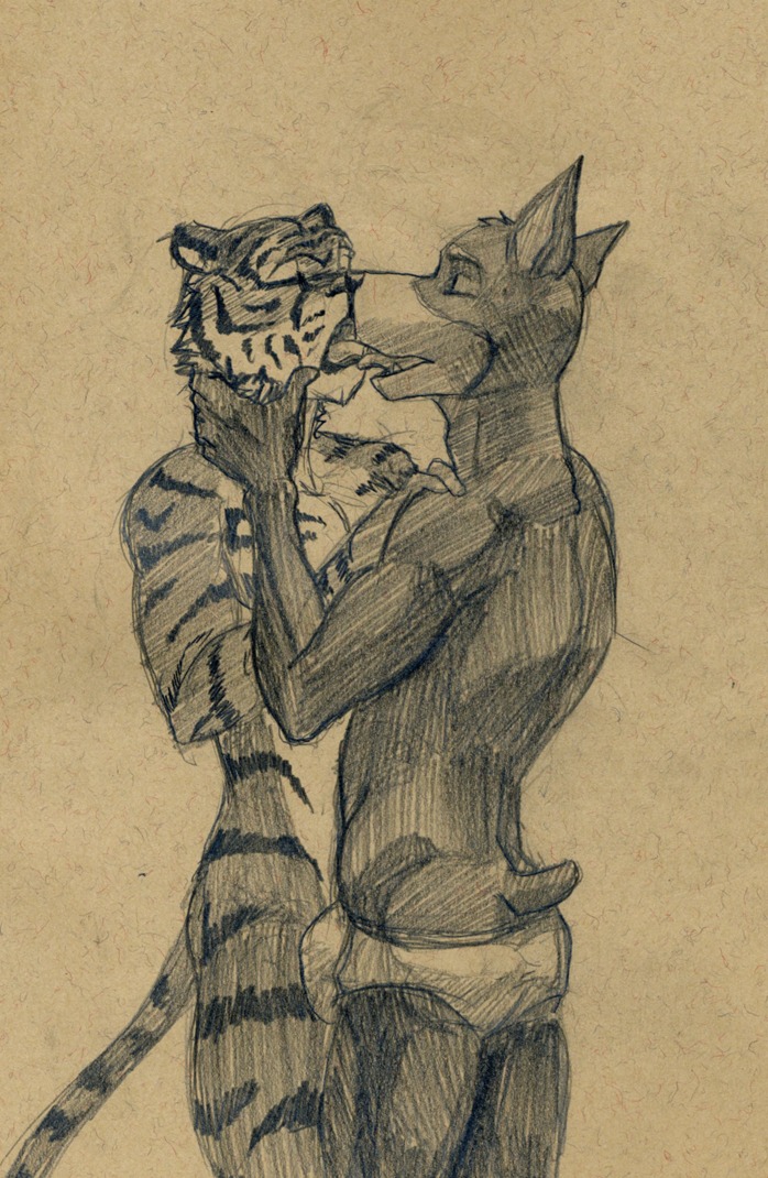 anthro briefs bulge butt canid canine canis clothed clothing domestic_dog duo e621 eyes_closed felid french_kissing graphite_(artwork) kissing male male/male mammal monochrome nude pantherine sepia tail tiger toned_paper tongue tongue_out topless traditional_media_(artwork) tush_(artist) underwear