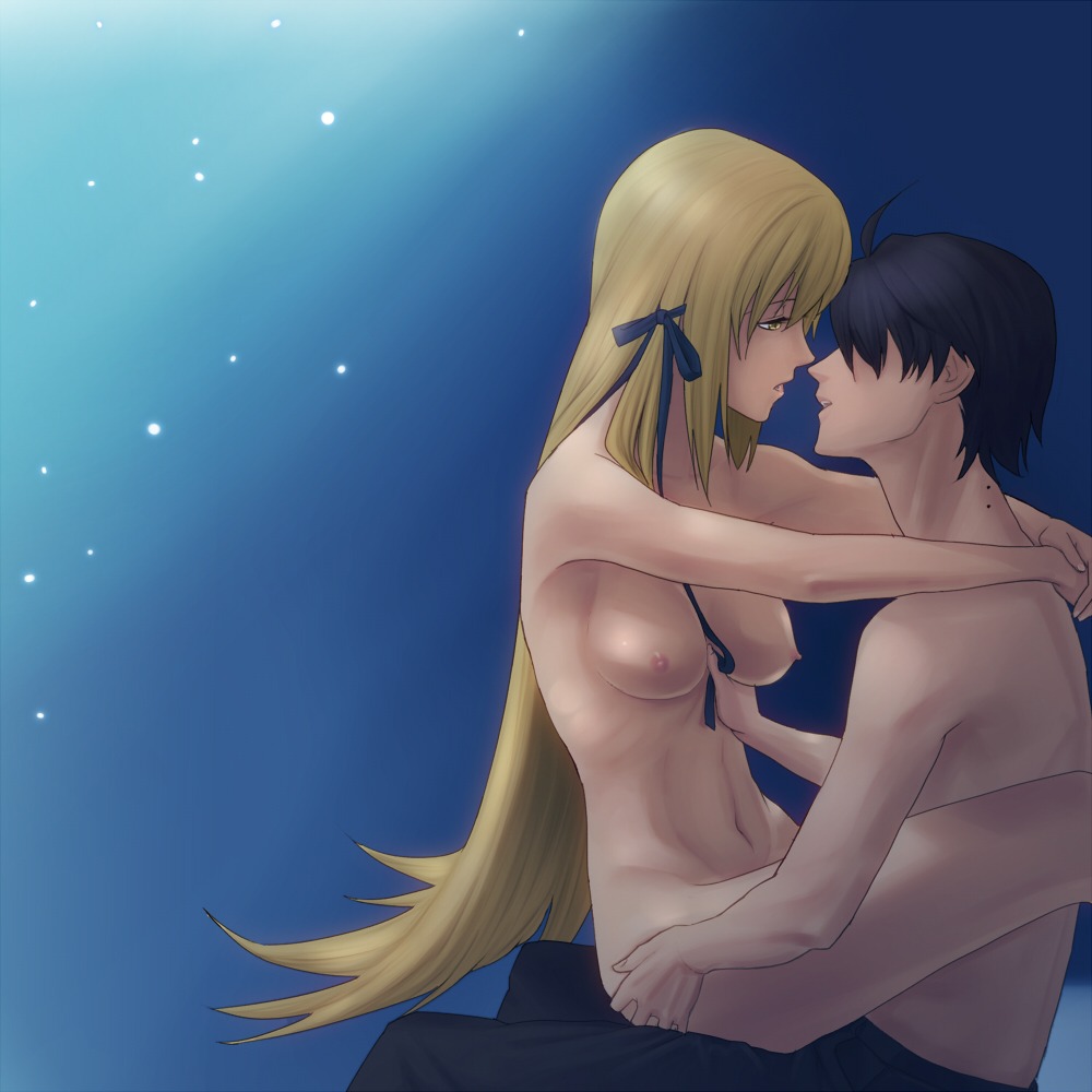 1boy 1girls araragi_koyomi bakemonogatari black_hair blonde blonde_hair cowgirl_position female imminent_kiss kiss-shot_acerola-orion_heart-under-blade male monogatari_(series) night night_sky nude nude_female oshino_shinobu romantic_sex rule34 starry_sky tagme vampire wholesome yellow_eyes