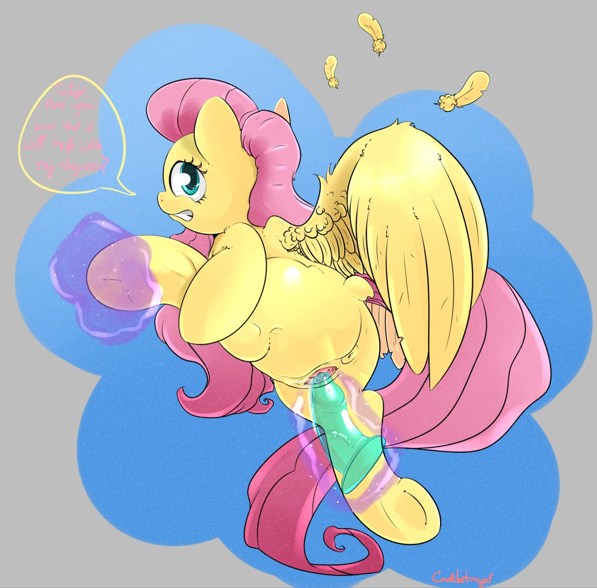 2013 alpha_channel anus carlsbetrayal cutie_mark dialogue dildo e621 english_text equid equine feathered_wings feathers female feral fluttershy_(mlp) friendship_is_magic fur genitals green_eyes hair hasbro hi_res mammal my_little_pony mythological_creature mythological_equine mythology pegasus penetration pink_hair prodding sex_toy solo text vaginal vulva wings yellow_body yellow_feathers yellow_fur