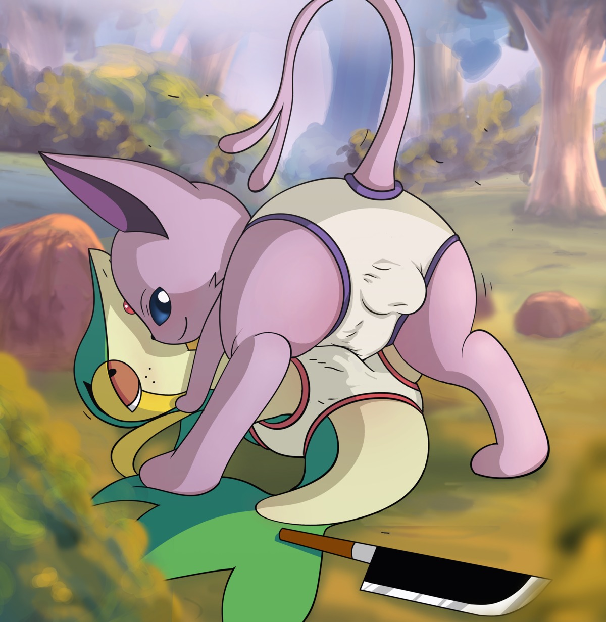 absurd_res backsack balls blue_eyes briefs bulge bulge_frottage butt cartoon_freckles clothed clothing conditional_dnp duo e621 eeveelution espeon feral freckled_face freckles frottage generation_2_pokemon generation_5_pokemon genitals green_body hi_res knife lying male male/male nintendo on_back outside penile penises_touching pink_body plant pokemon pokemon_(species) raised_tail sex snivy stepping_on_tail tail tree tricksta underwear underwear_only underwear_sex white_briefs white_clothing white_underwear wood