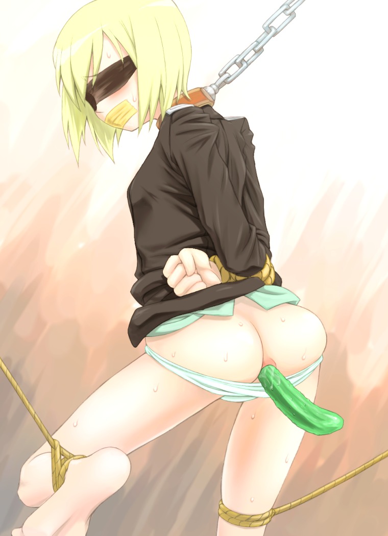 1girls anal_insertion anus arms_behind_back ass barefoot blindfold blonde_hair blush bondage bound bound_wrists chains clothing collar cucumber erica_hartmann female flat_chest from_behind gag gagged object_insertion panties panties_down panty_pull rope rule34 short_hair solo strike_witches sweatdrop tape tape_gag taped_mouth tied tied_up underwear world_witches_series yamija
