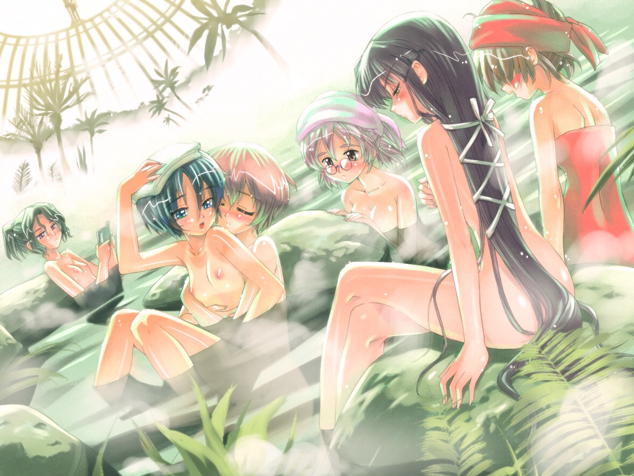 6+girls anri_anriette bath blue_eyes blush breasts brown_eyes chloe_witherspoon clare_(sapfism) closed_eyes female flat_chest glasses hair_ribbon helena_burliuka hug hug_from_behind koume_keito long_hair multiple_females multiple_girls nicolle_gerald nipples nude onsen pince-nez ponytail ribbon rule34 sapfism_no_gensou short_hair tenkyouin_kanae tied_hair towel very_long_hair yuri