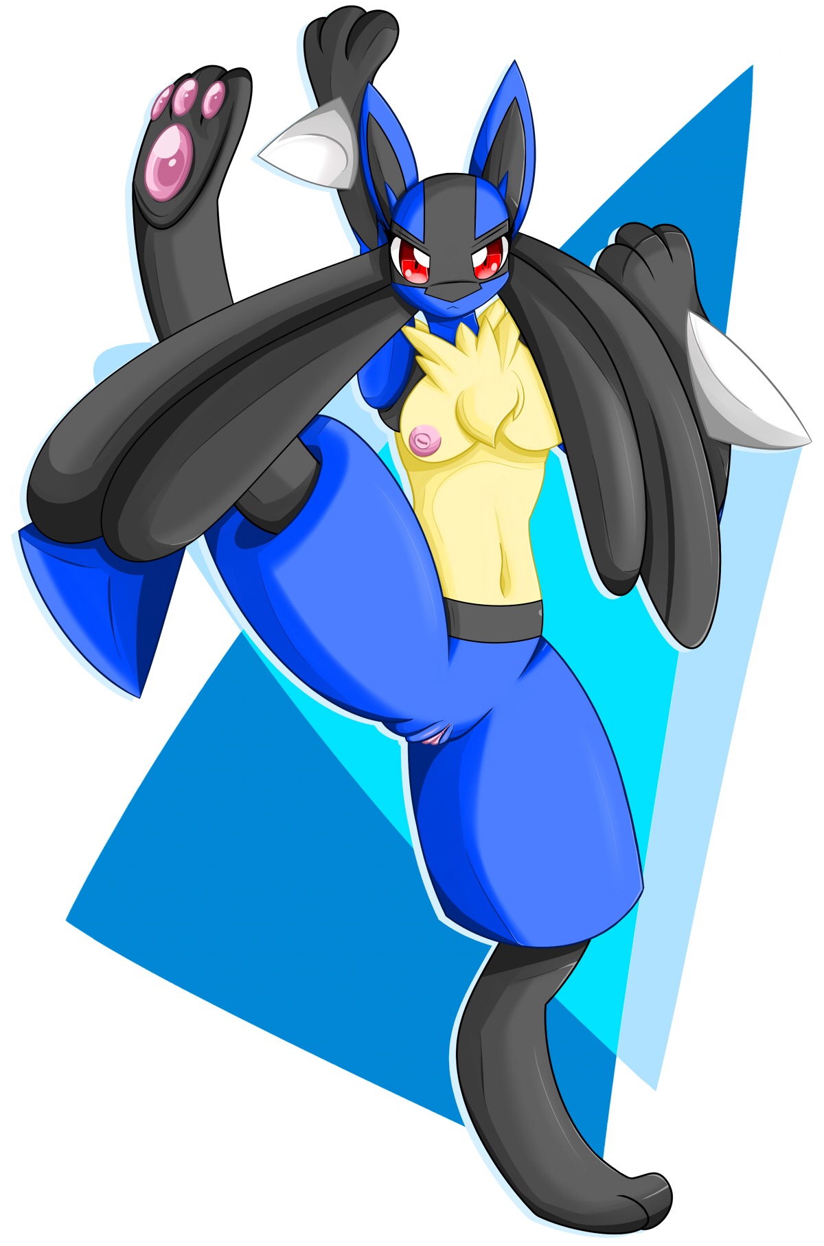 anthro black_body black_fur blue_body blue_fur breasts canid canine e621 female fur generation_4_pokemon genitals hi_res lucario mammal nintendo nipples one_leg_up pokemon pokemon_(species) raised_leg red_eyes solo spread_legs spreading unknown_artist vulva yellow_body yellow_fur