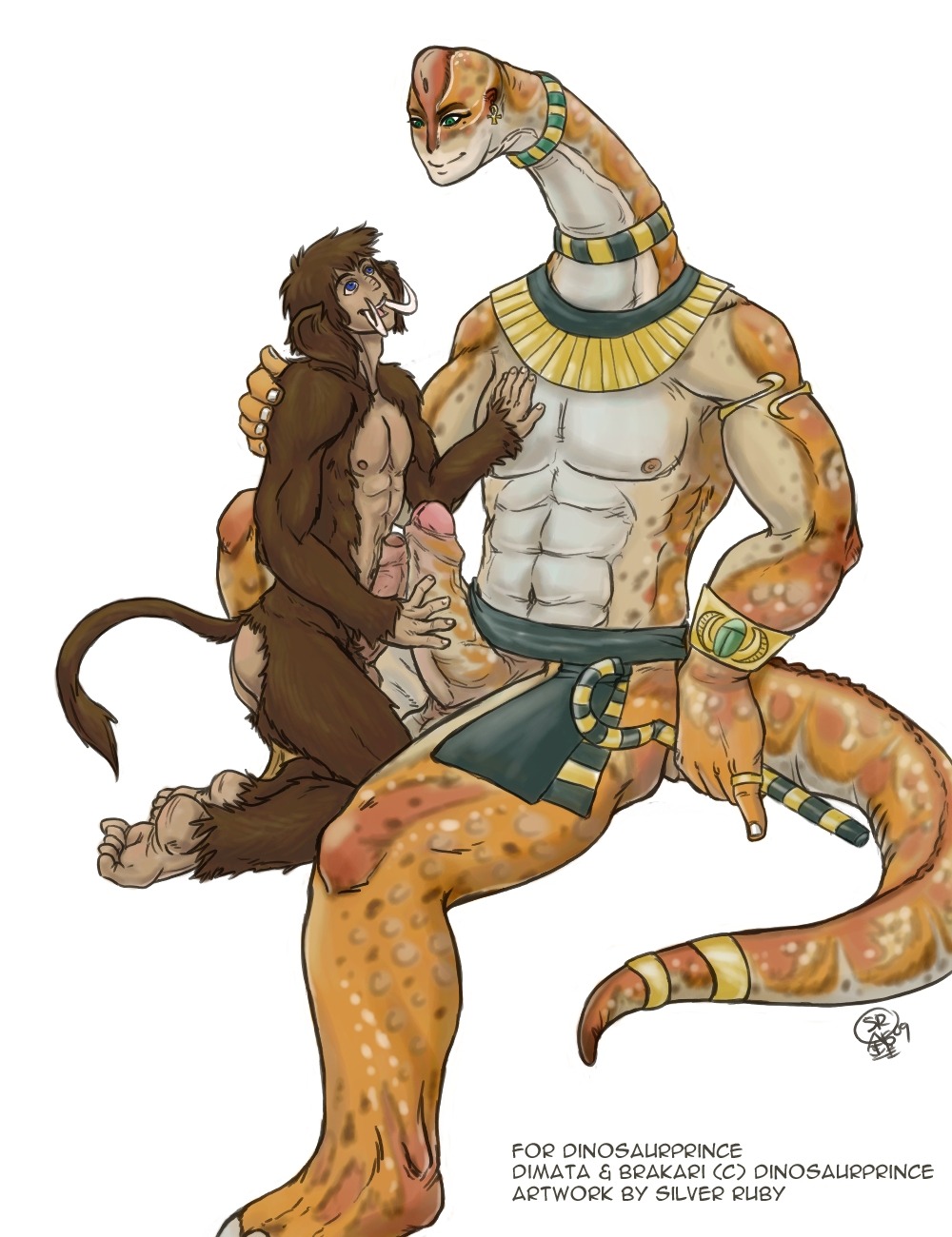 ankh anthro anthro_on_anthro armband bone_frill bottomwear bracelet brachiosaurid brachiosaurus clothing crook dinosaur duo e621 elephantid english_text erection foreskin frill_(anatomy) genitals hi_res humanoid_face humanoid_genitalia humanoid_penis jewelry loincloth macronarian male male/male mammal mammoth muscular nightmare_fuel partially_retracted_foreskin penis prehistoric_species primate proboscidean reptile saurischian sauropod sauropodomorph scalie silver_ruby simple_background tail text tusks white_background