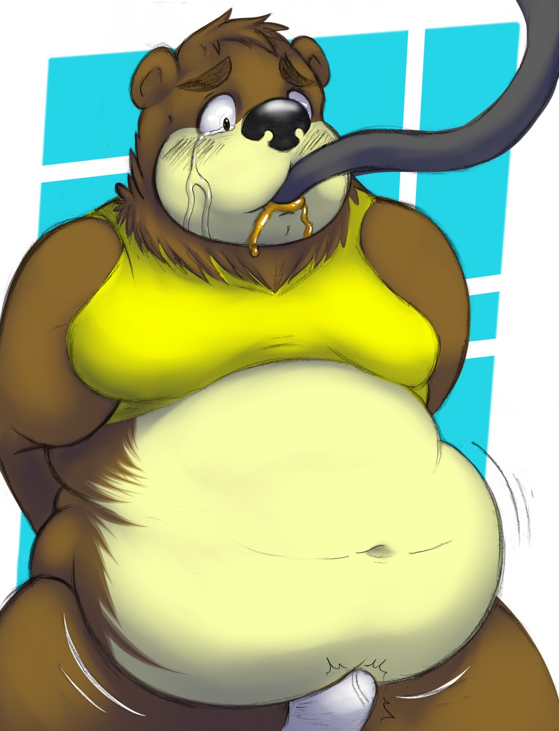 2014 absurd_res anthro bdsm bear belly blush bondage bound bulge clothed clothing e621 eating erection erection_under_clothing feeding food force_feeding forced fur genitals hi_res honey_(food) hose hose_in_mouth hose_inflation inflation male mammal moobs navel obese obese_anthro obese_male overweight overweight_anthro overweight_male penis shirt simple_background slime solo story story_at_source stuffing topwear tuft underwear weight_gain werepyre-warrior