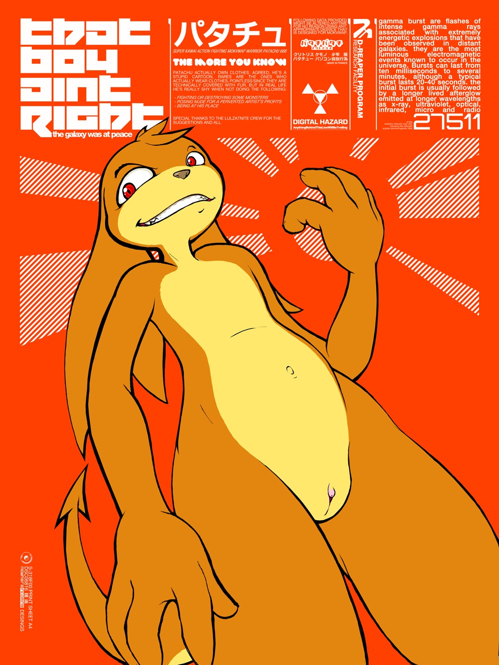 andromorph anthro bandai_namco clitoris darkdoomer digimon digimon_(species) e621 english_text flat_colors genitals graphic_design helvetica hi_res intersex ki_blast patachu patamon pink_vulva red_background scientific_experiment simple_background solo tail text vulva