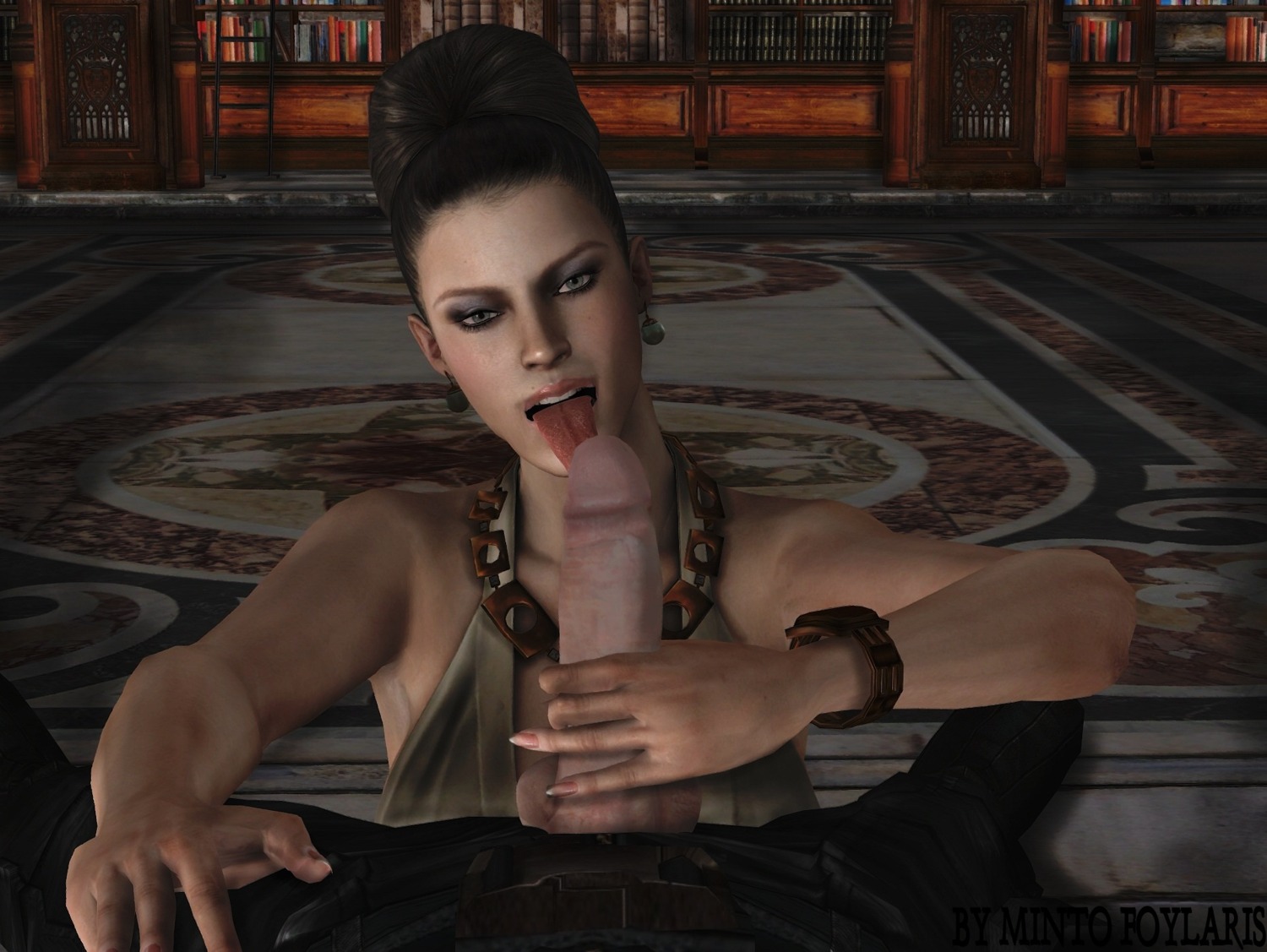 1girls 3d albert_wesker blonde_hair brown_hair earrings elegant excella_gionne eye_contact eyelashes eyeshadow fellatio female green_eyes hair_bun handjob jewelry licking licking_penis male mansion milf mintofoularis naughty_face oral pale_skin penis pov resident_evil resident_evil_5 rule34 seductive_eyes seductive_smile throat tied_hair tongue tongue_out