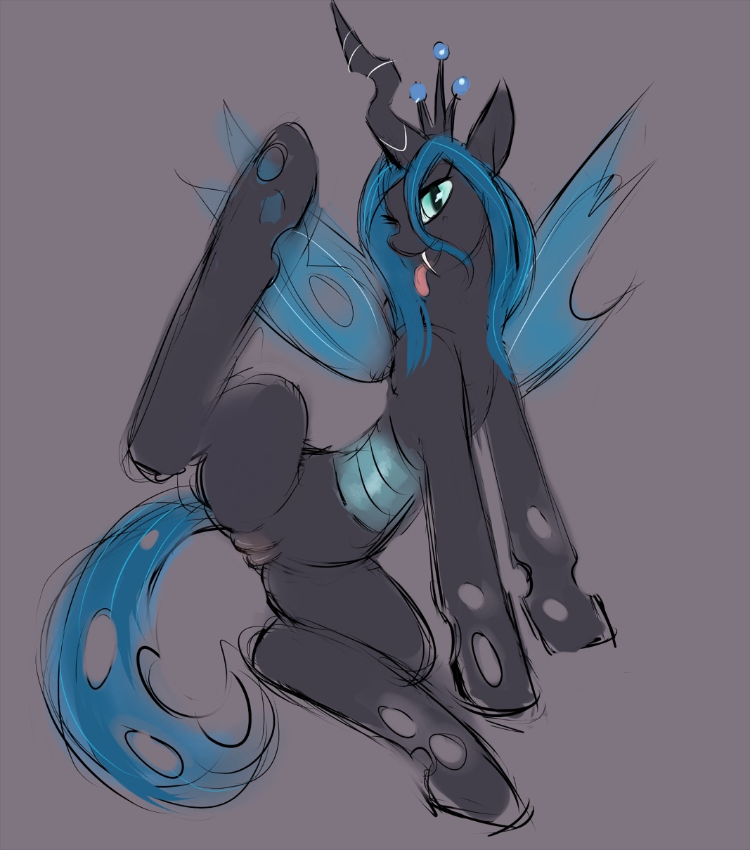 2012 arthropod changeling_(mlp) e621 female feral friendship_is_magic genitals hair hasbro hi_res horn insect_wings looking_at_viewer mane my_little_pony ponyparty pose queen_chrysalis_(mlp) smile solo tail tongue vulva wings