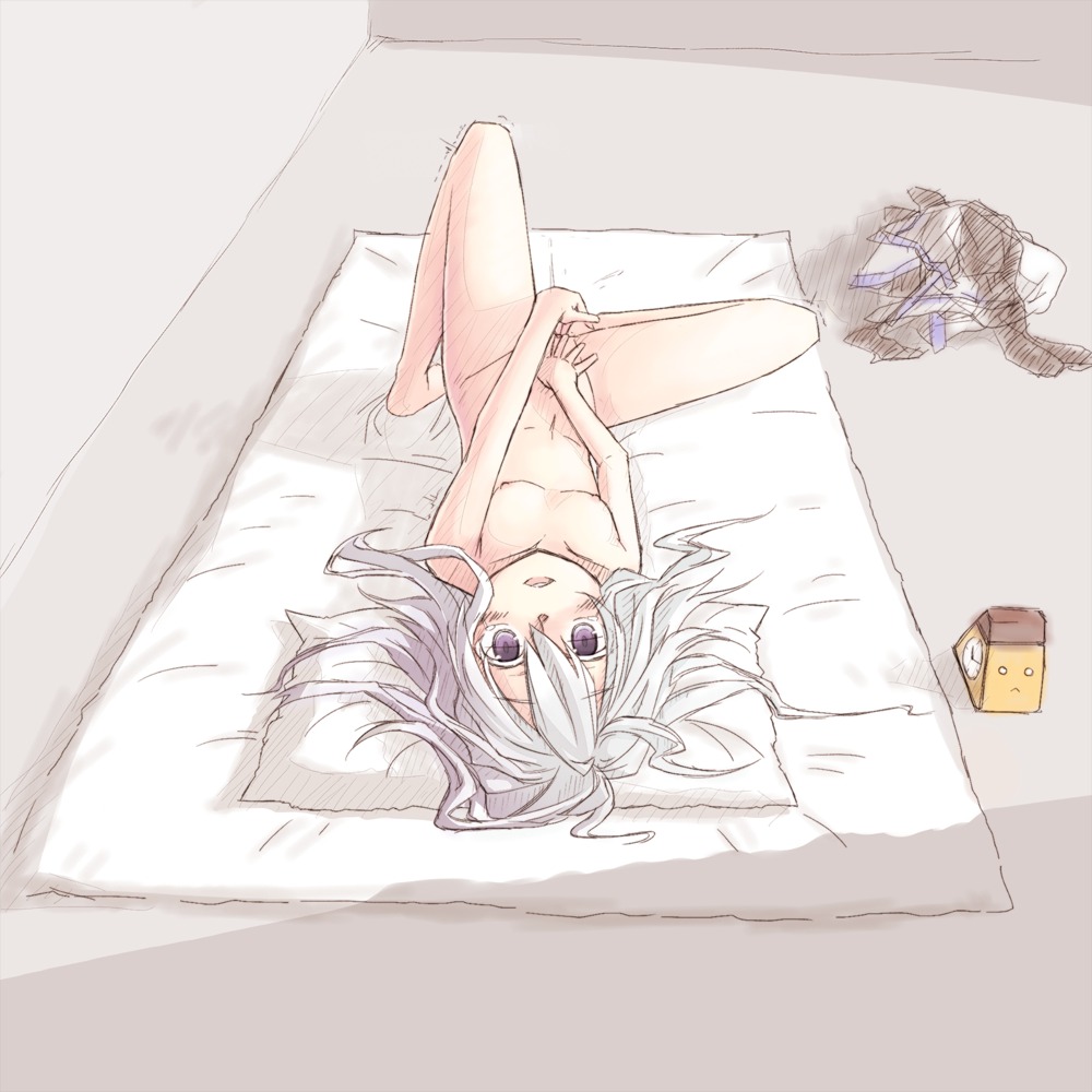 1girls blush caught clock clothes_on_floor clothes_removed female fingering flat_chest futon long_hair lying masturbation nipples nude on_back open_mouth original pantyhose pantyhose_removed pillow purple_eyes r-sylph rule34 silver_hair solo spread_legs trembling