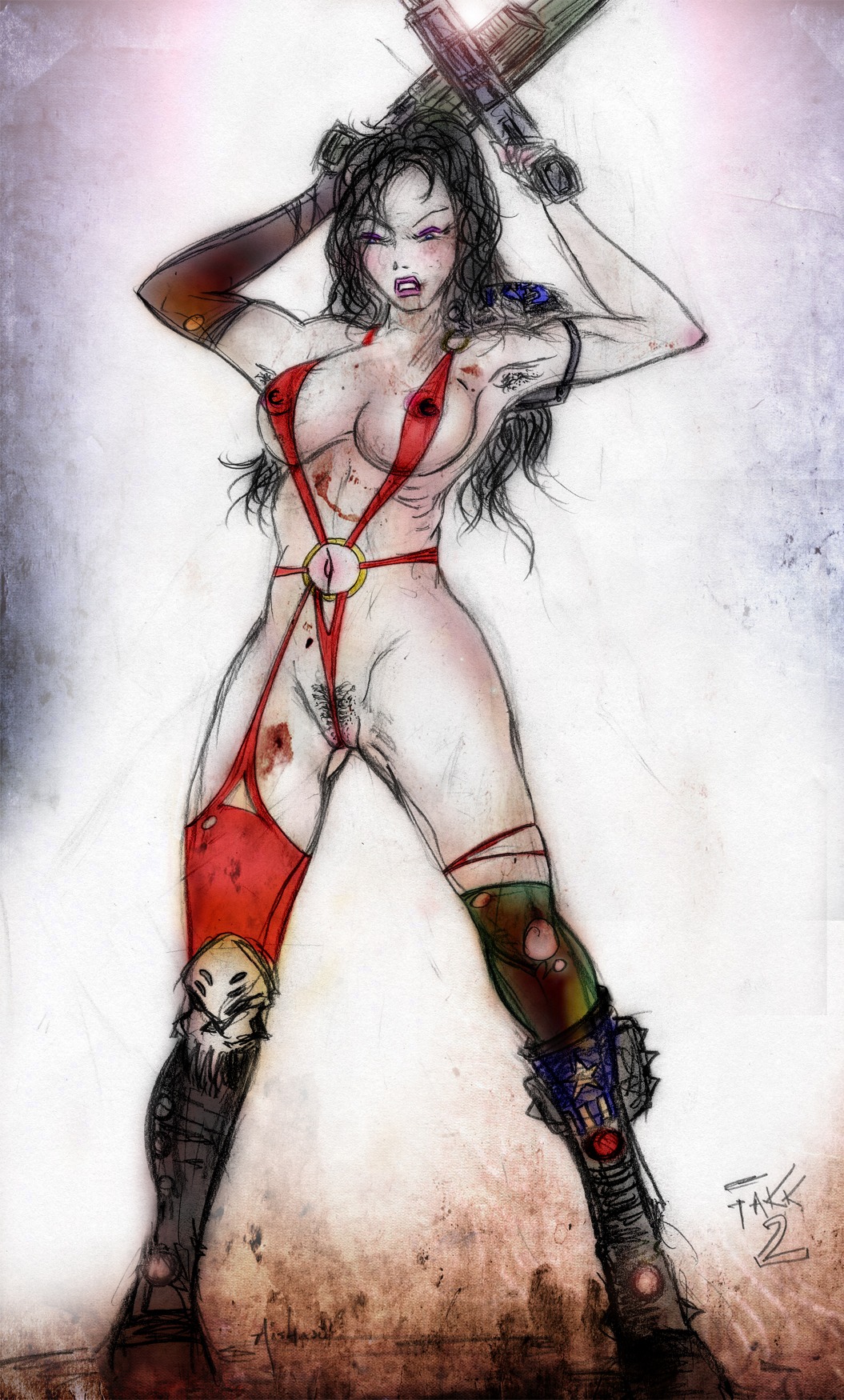 2010 aishado armpit_hair black_hair boots breasts bruised drawn female female_armpit_hair female_only guns heavy_metal heavy_metal_2000 humanual_heartwork julie_hm2k long_hair makeup medium_breasts nipple_bulge one_glove pubic_hair pussy rule34 stockings waist weapon