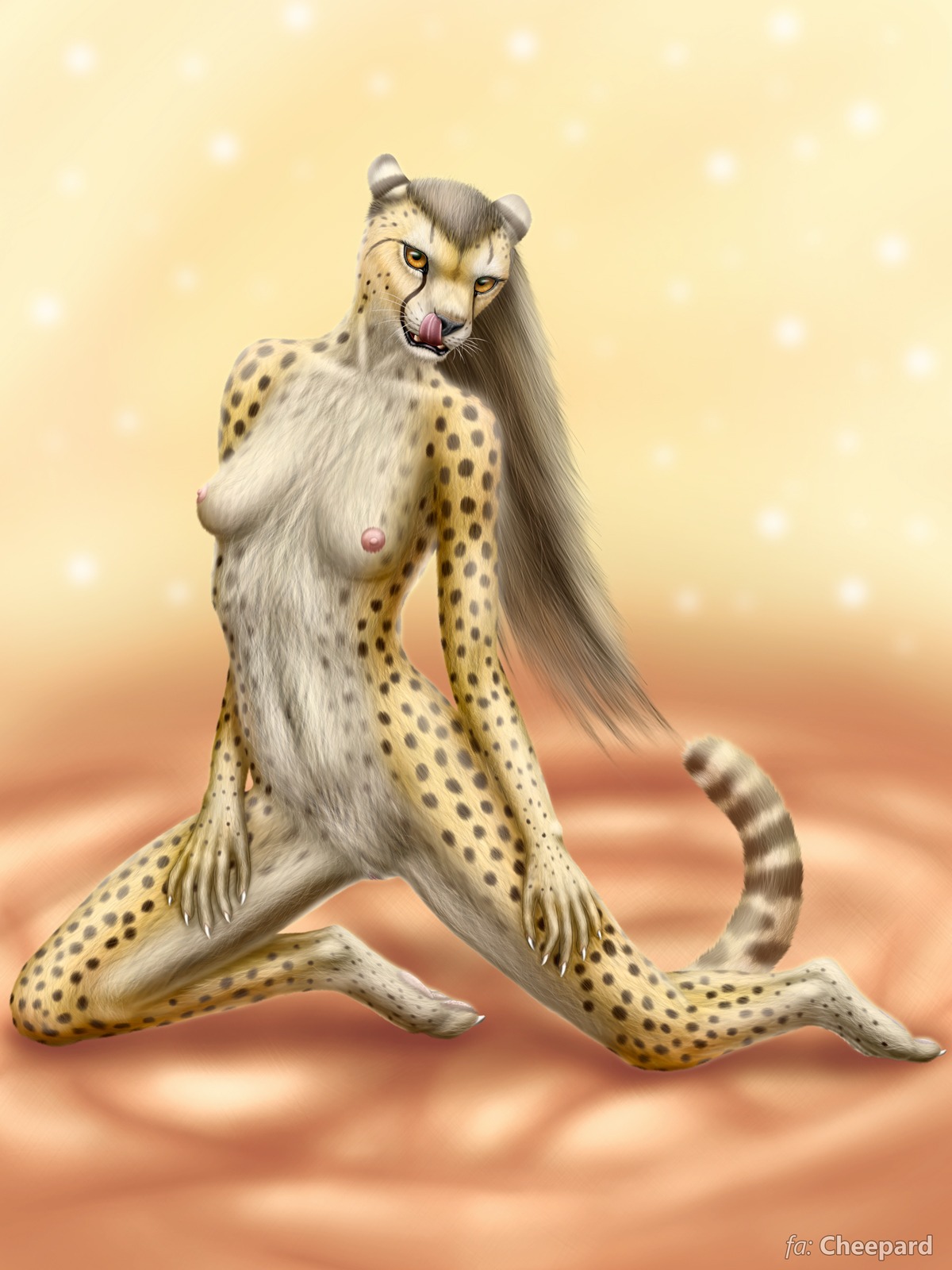 3:4 anthro breasts cheepard cheetah e621 felid feline female genitals hair hi_res licking long_hair looking_at_viewer mammal navel nipples pose solo tongue tongue_out vulva yellow_eyes