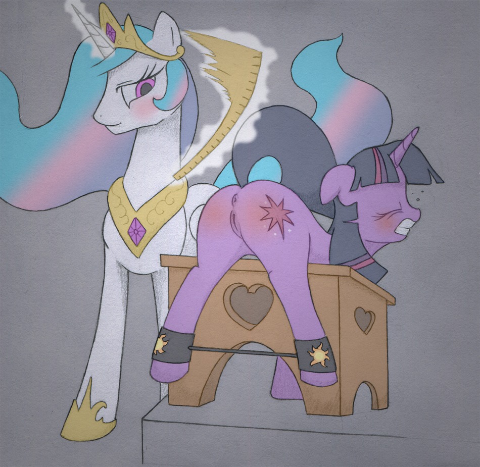 anus bdsm blush bondage bound butt butt_slap caning clenched_teeth corporal_punishment cutie_mark dormant_otter duo e621 equid equine eyes_closed feathered_wings feathers female female/female feral friendship_is_magic fur furniture genitals hair hasbro horn long_hair magic mammal multicolored_hair my_little_pony mythological_creature mythological_equine mythology princess princess_celestia_(mlp) purple_body purple_eyes purple_fur purple_hair raised_tail rear_view reddened_butt restraints royalty ruler ruler_spanking short_hair simple_background slap spanking spread_legs spreader_bar spreading table tail teeth twilight_sparkle_(mlp) two_tone_hair unicorn vulva white_body white_feathers winged_unicorn wings