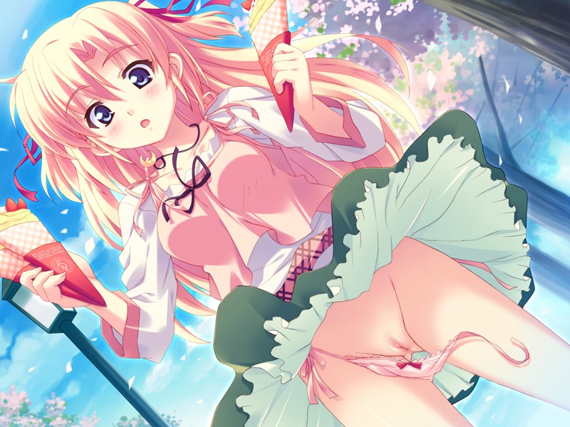 blonde_hair blush bow bow_panties dress female kusukusu long_hair marie_rudel panties photoshop pink_panties pointy_chin pussy rule34 sakura_strasse side-tie_panties surprised uncensored underwear wardrobe_malfunction