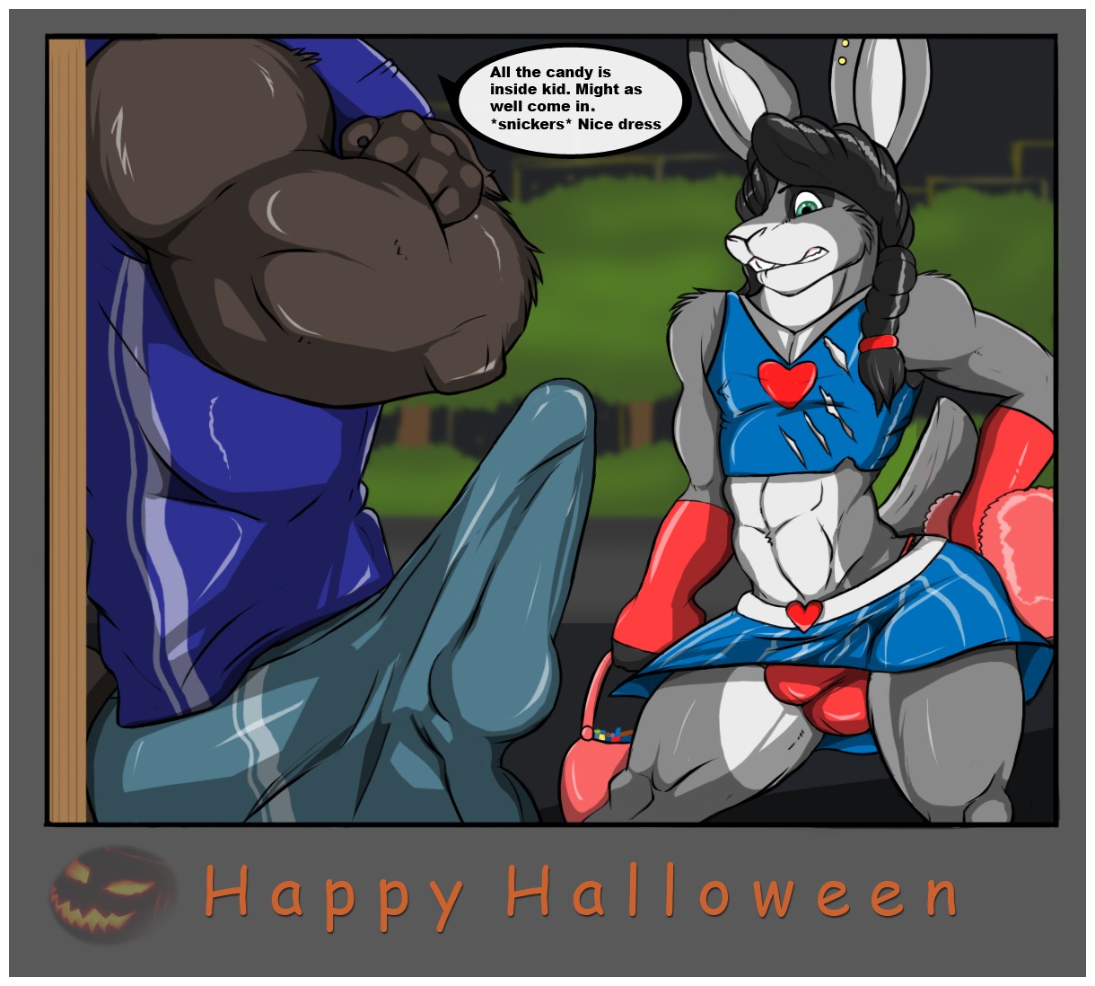 aaron_(artist) andy_porter anthro armwear bag biceps black_hair border bottomwear bulge candy canid canine canis cheerleader clothed clothing crossdressing dessert detailed_bulge dialogue digital_media_(artwork) duo e621 elbow_gloves english_text erection erection_under_clothing femboy food genital_outline genitals gloves green_eyes hair halloween handwear heart_symbol holiday_message holidays knot lagomorph leporid male male/male mammal muscular panties penis penis_outline pigtails rabbit shirt skirt tenting text topwear underwear white_border wolf worried