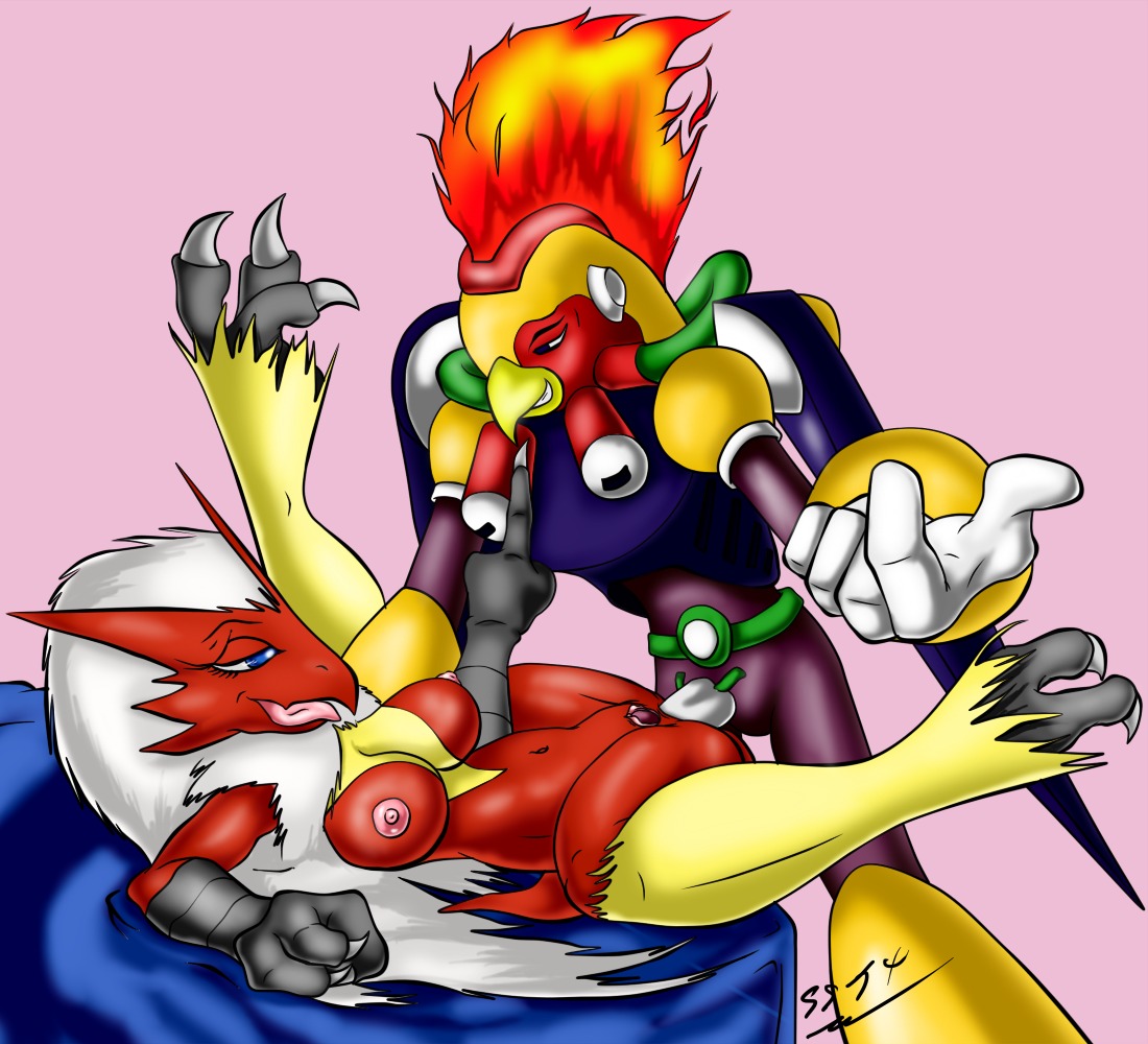anthro avian blaziken breasts burn_rooster claws color crossover female fiery_hair fire furry insertion male mega_man nipples nude penis pokemon pokemon_(species) pussy robot rule34 sex straight tagme vulva